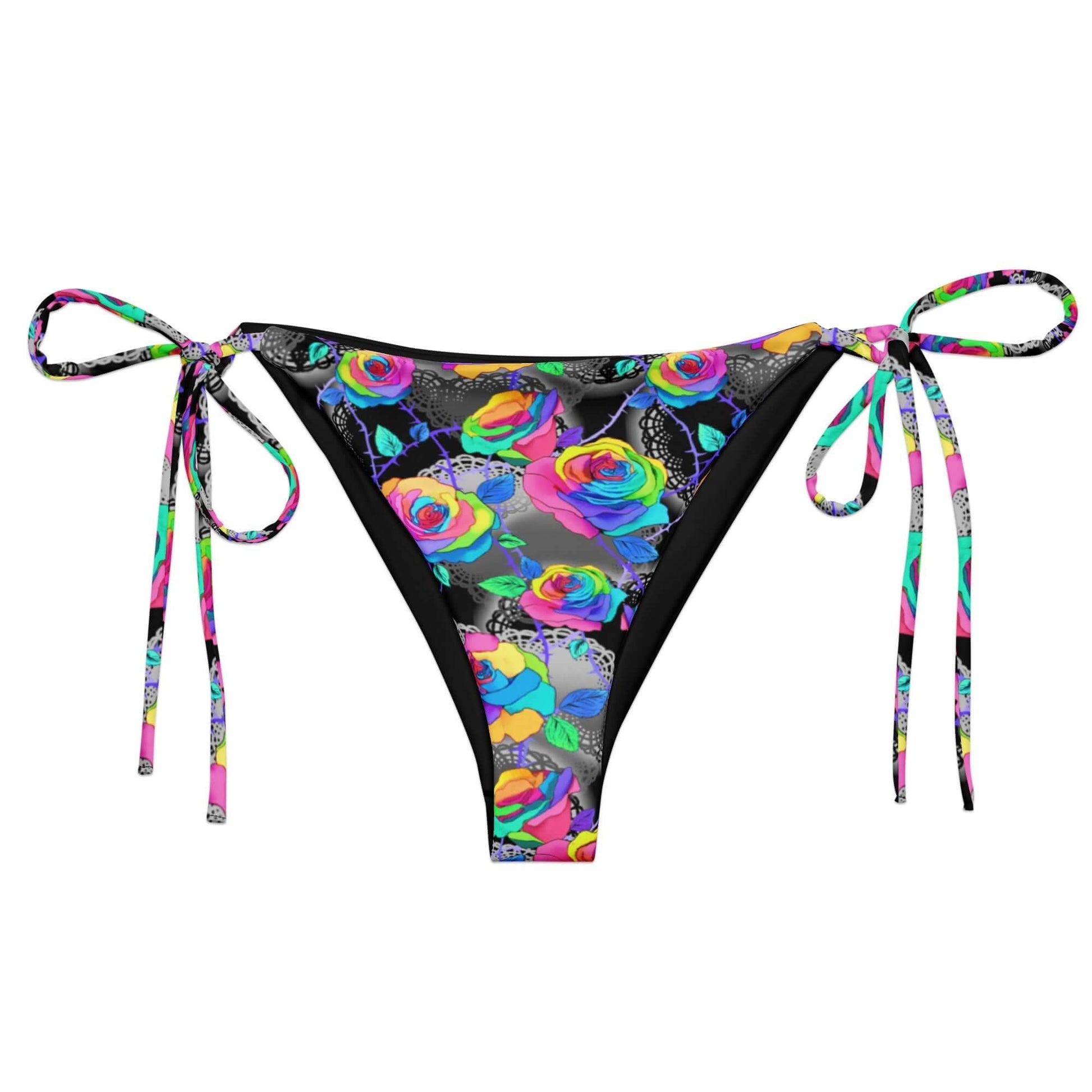 Bright and colorful Enchanted Rose String Bikini Bottom, perfect for summer poolside lounging and sunbathing.