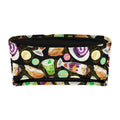 Colorful bandeau bikini top featuring Filipino desserts and drinks on a black background.