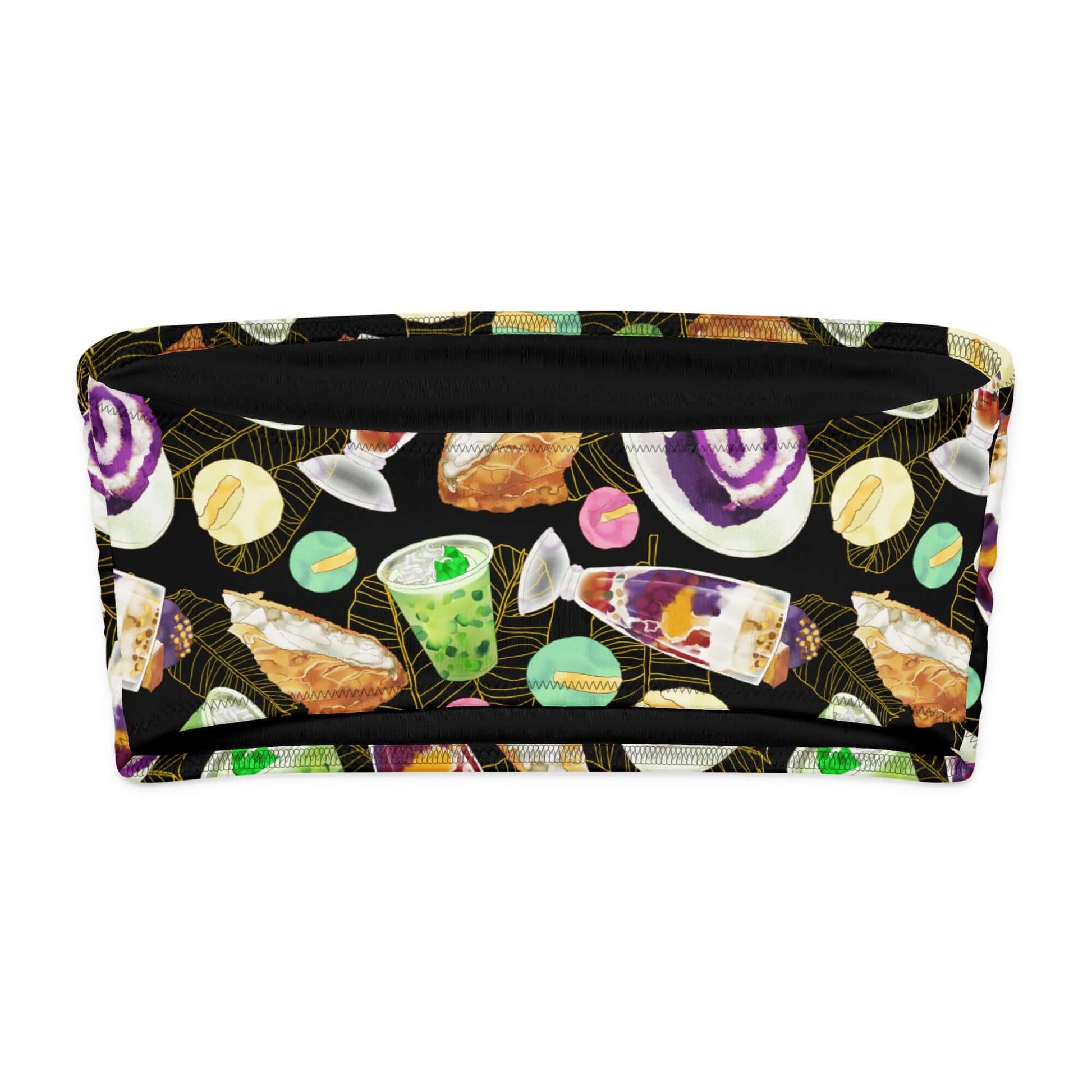 Colorful bandeau bikini top featuring Filipino desserts and drinks on a black background.