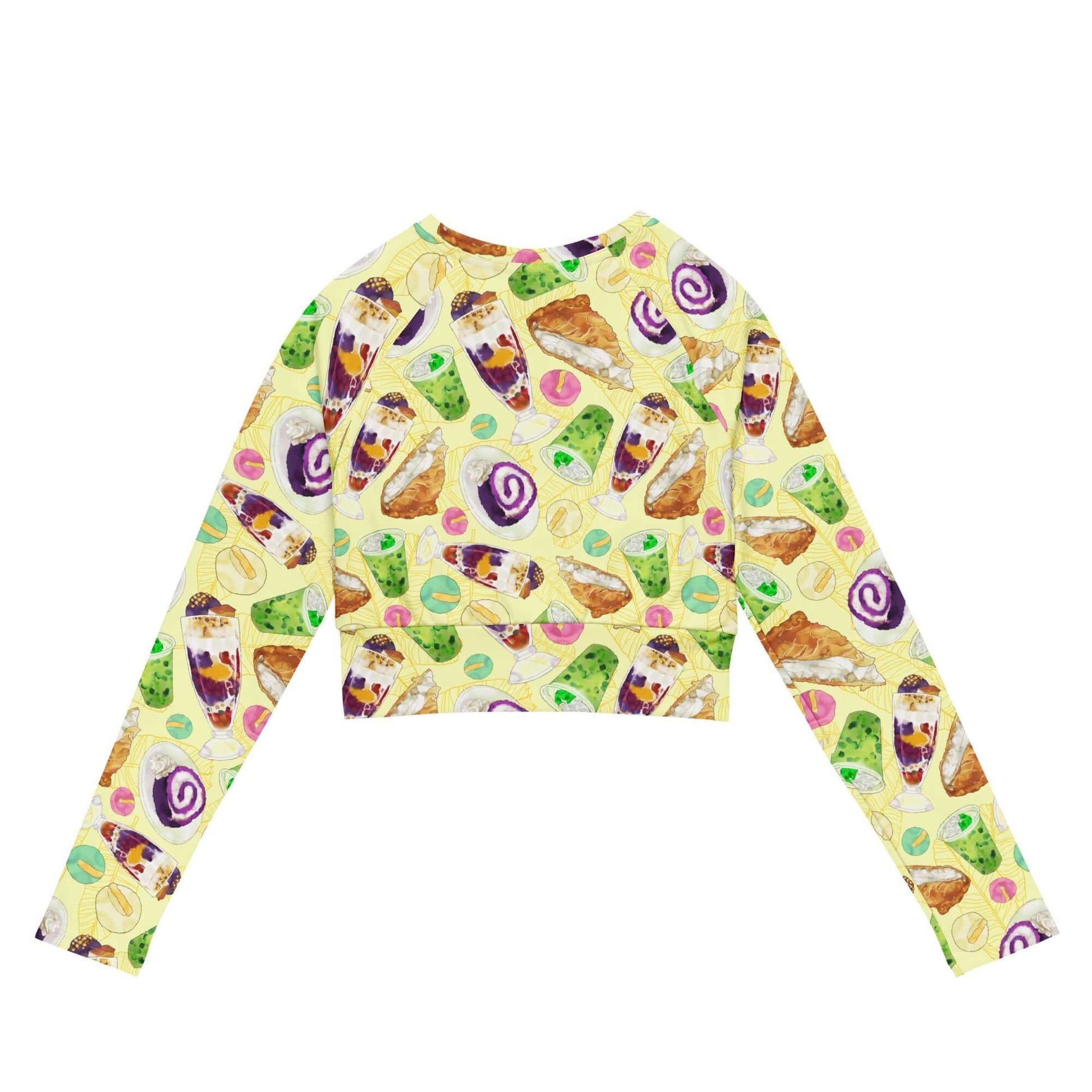 Sustainable Filipino Dessert Long-sleeved Crop Top with vibrant dessert graphics for a playful, stylish look.
