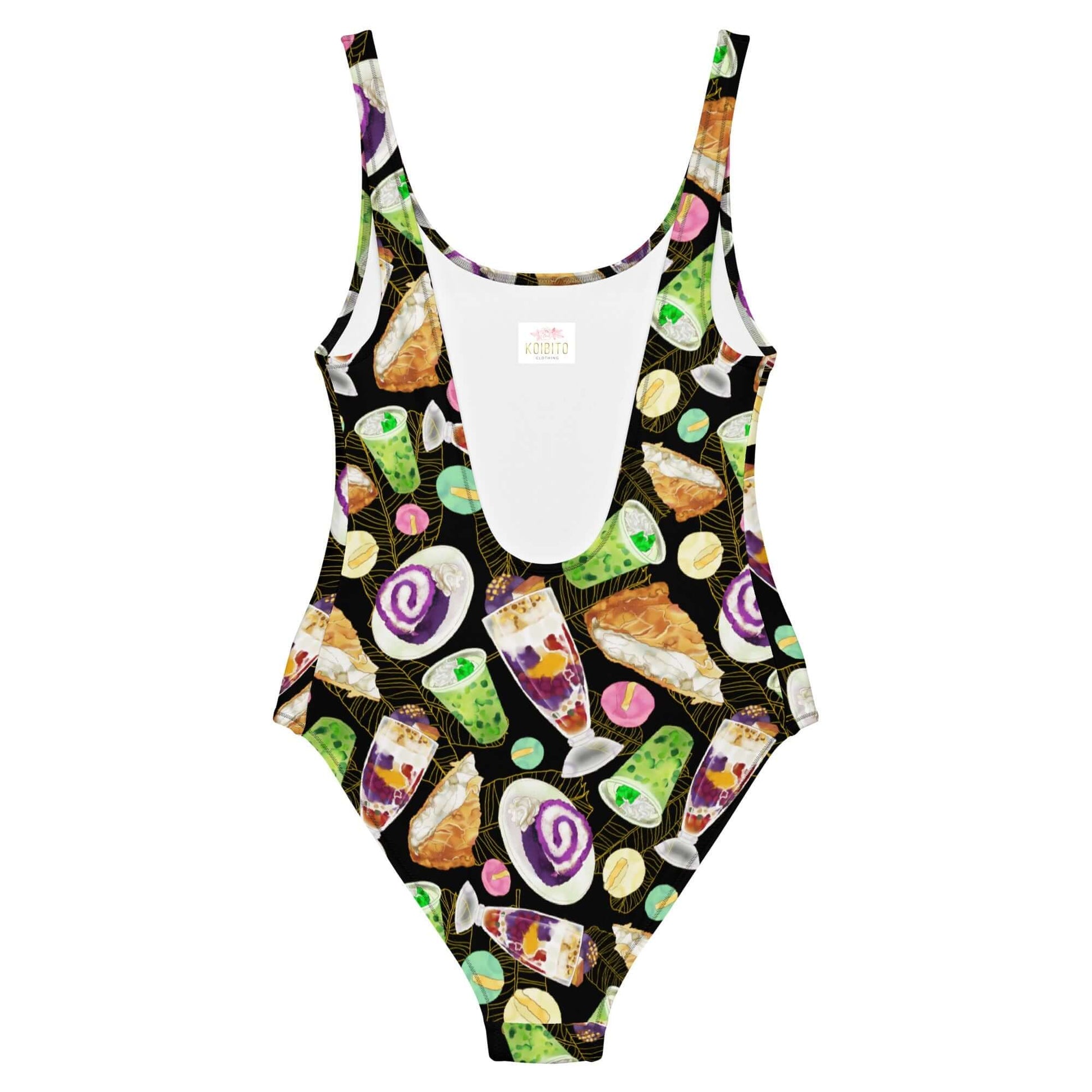 Stylish Filipino Dessert One-Piece Swimsuit featuring vibrant dessert prints, perfect for beach outings.