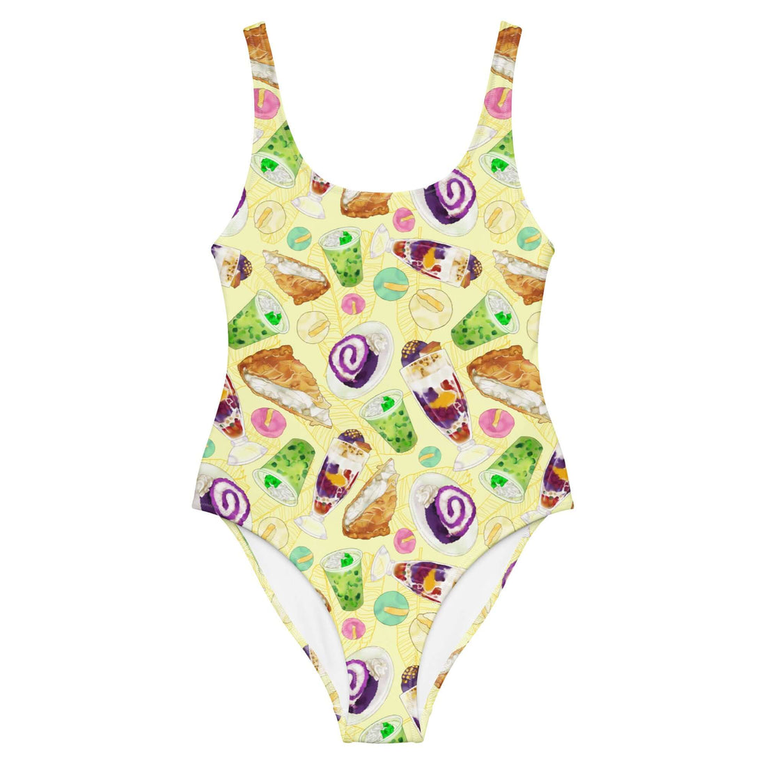 Colorful Filipino Dessert One-Piece Swimsuit featuring a fun dessert print, perfect for style and comfort at the beach.