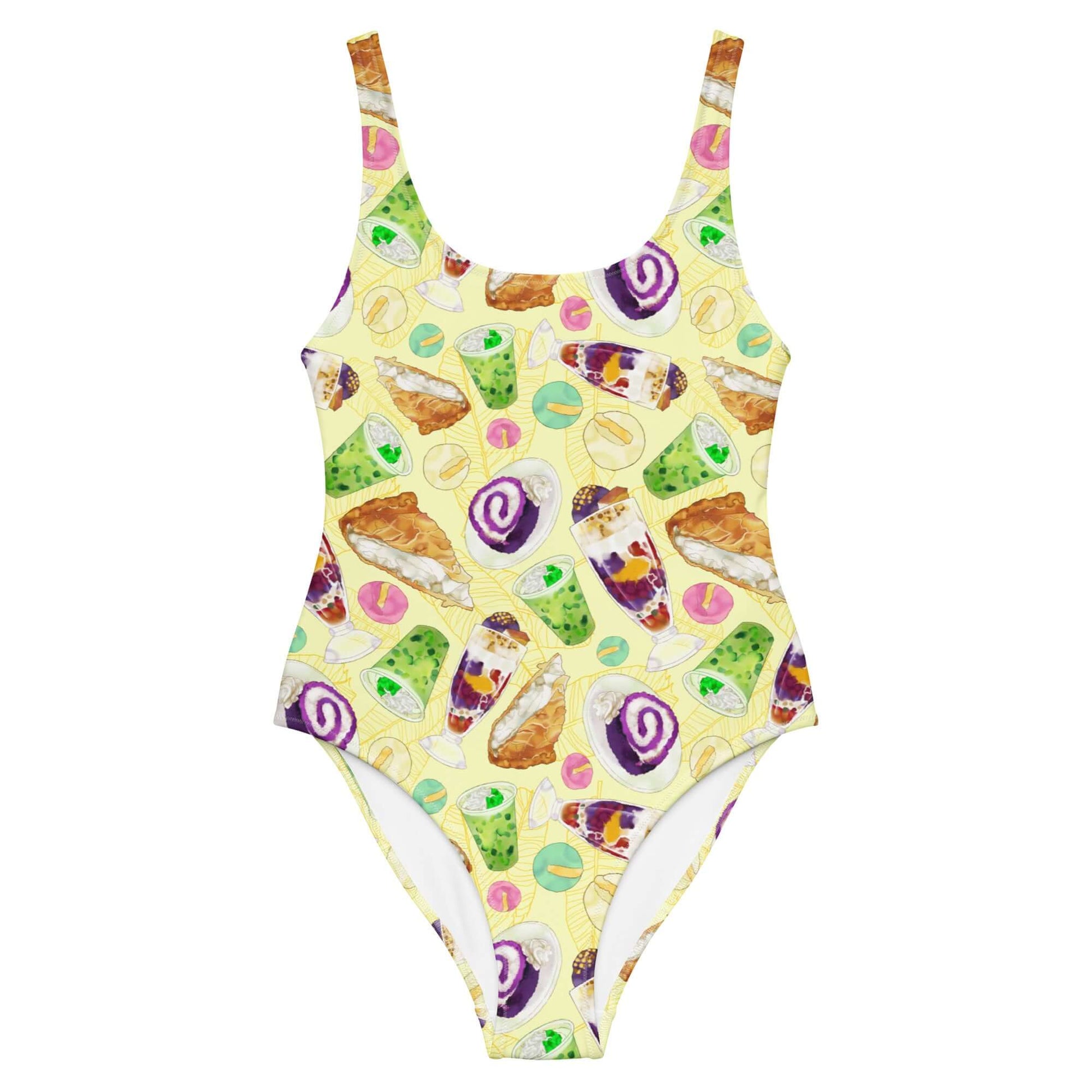 Colorful Filipino Dessert One-Piece Swimsuit featuring a fun dessert print, perfect for style and comfort at the beach.
