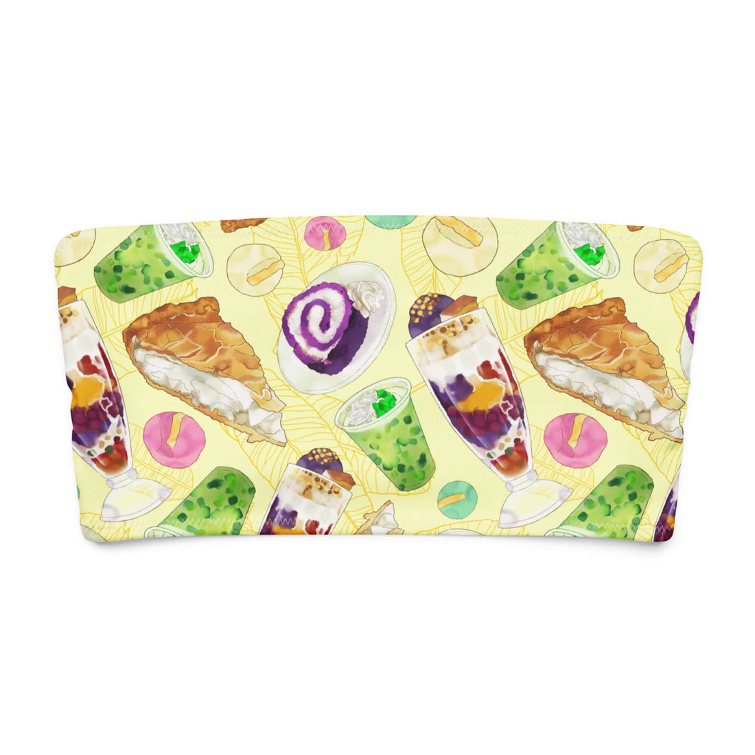 Colorful bandeau bikini top featuring Filipino desserts and treats on a cheerful yellow background.