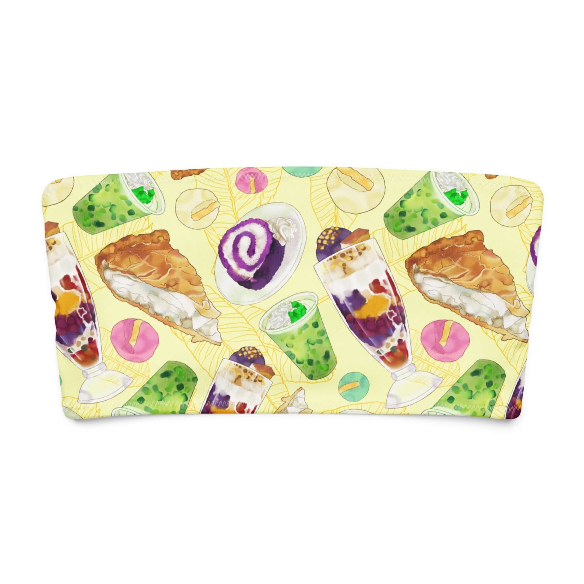 Colorful bandeau bikini top featuring Filipino desserts and treats on a cheerful yellow background.