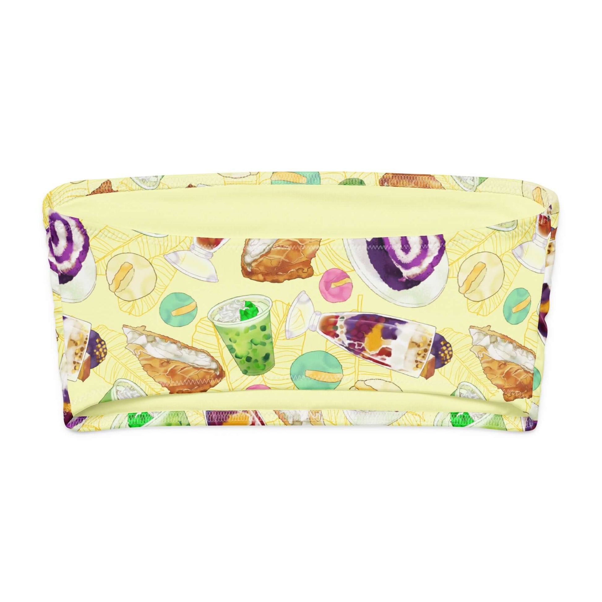 Colorful bandeau bikini top featuring fun Filipino dessert illustrations on a yellow background.