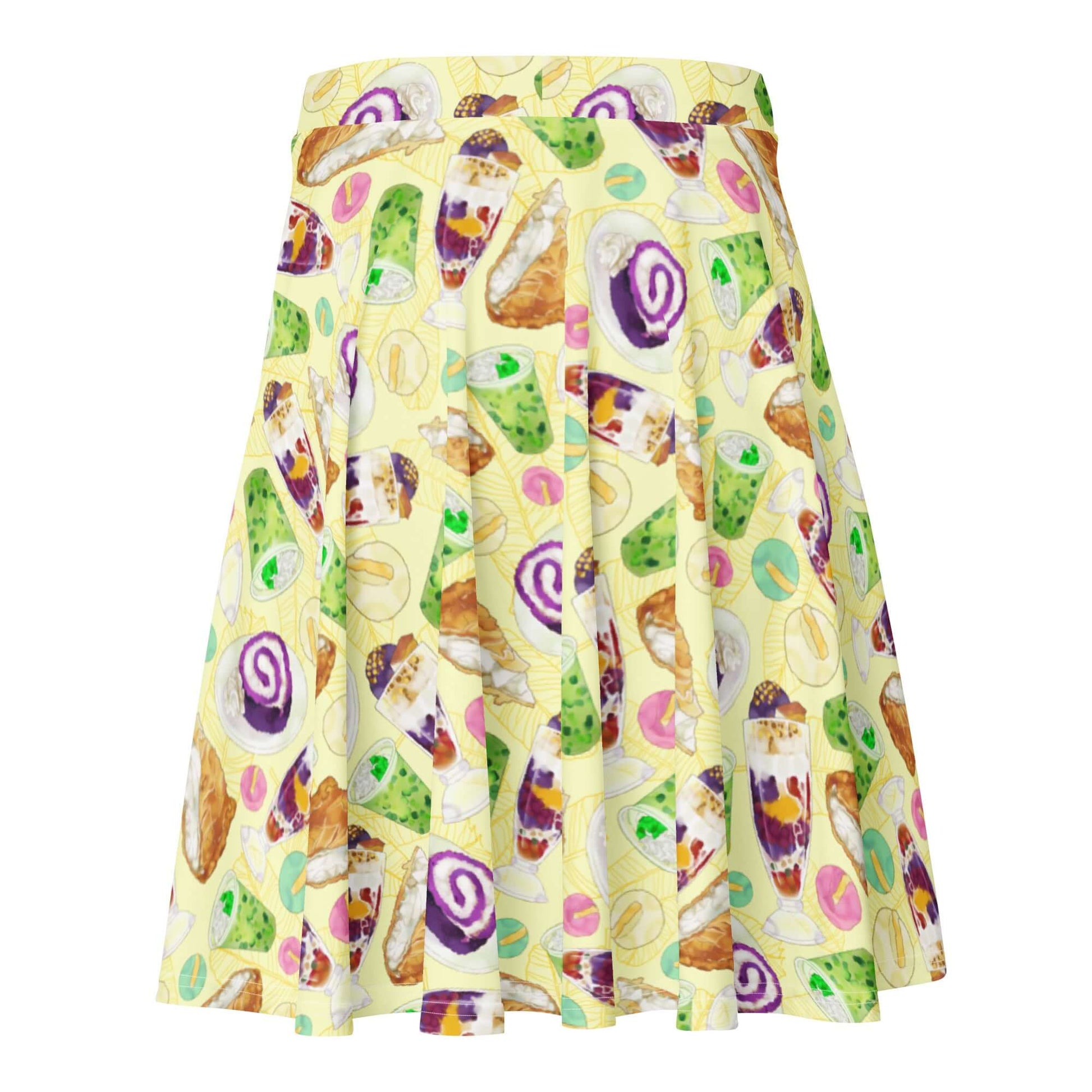 Stylish Filipino Dessert Skater Skirt featuring a vibrant print of classic desserts for a fun, playful look.