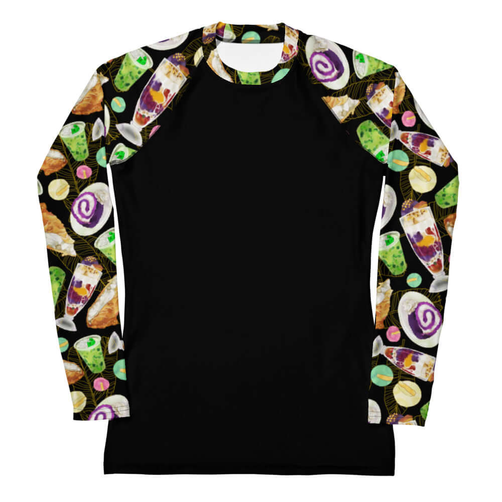 Colorful Filipino Dessert Rash Guard features traditional sweets, perfect for active lifestyles and sweet-tooth enthusiasts.