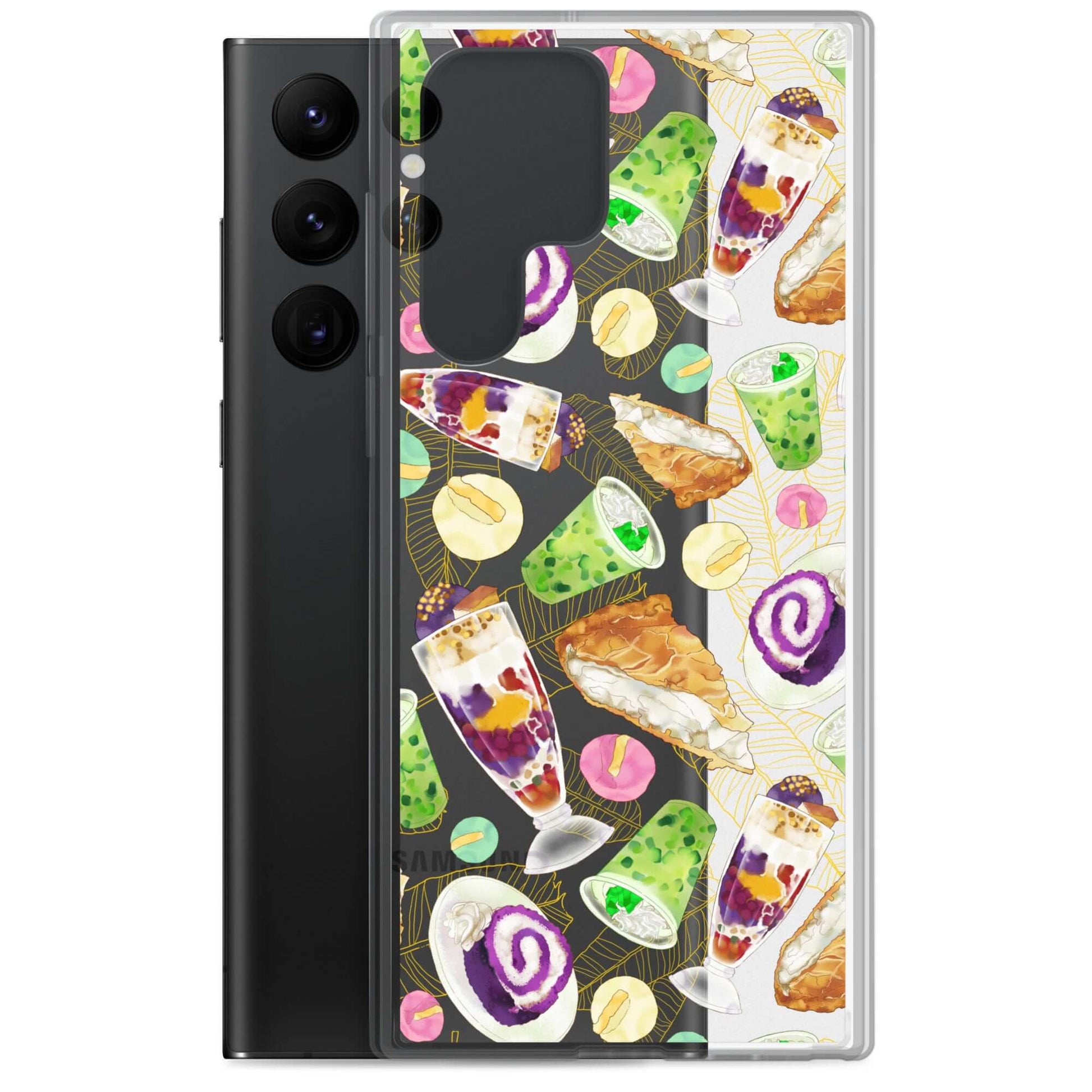 Colorful Filipino Dessert Samsung® Clear Case featuring ube rolls and halo-halo, perfect for sweet tooth enthusiasts.