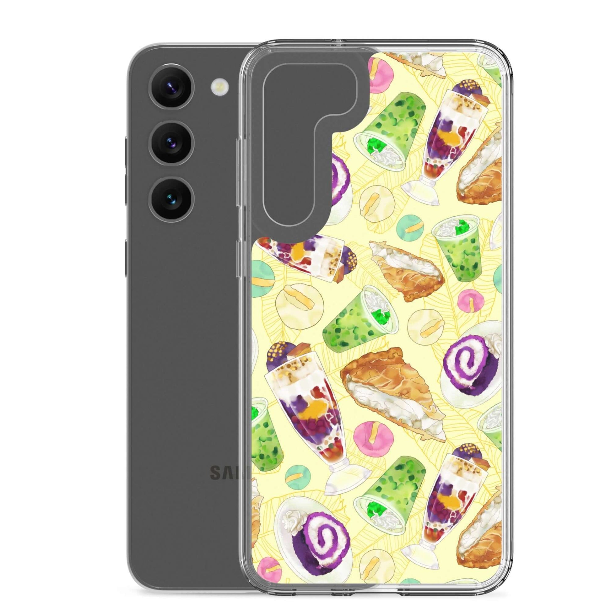 Colorful Filipino Dessert Samsung® Clear Case featuring ube rolls and halo-halo, perfect for sweet treat lovers.