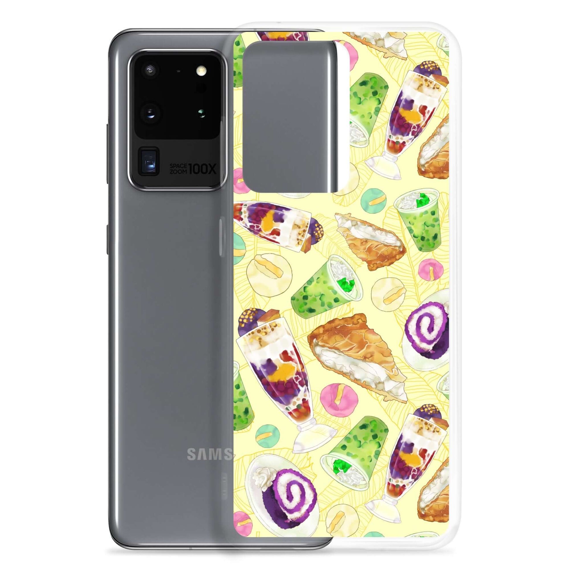 Colorful Filipino Dessert Samsung® Clear Case featuring ube rolls and halo-halo, perfect for sweet tooth enthusiasts.