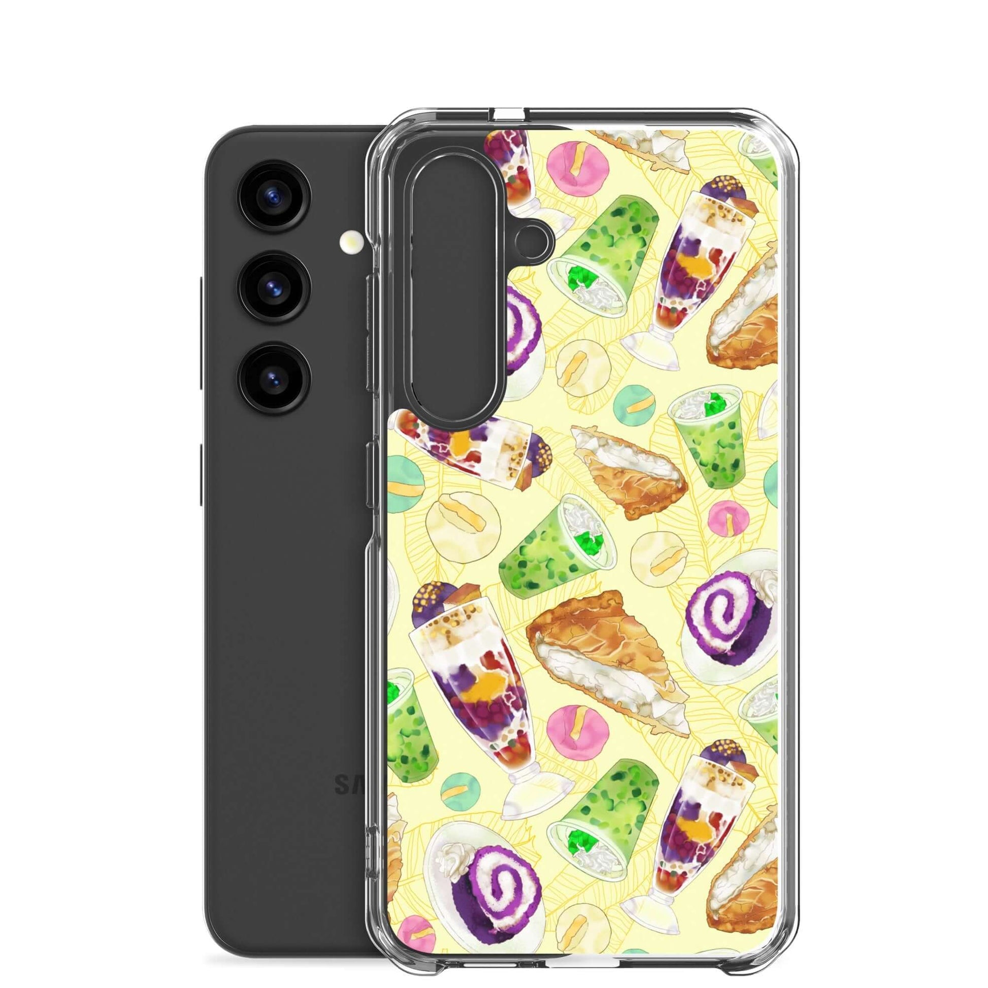 Showcasing the Filipino Dessert Samsung® Clear Case with vibrant ube rolls and halo-halo designs for sweet style.