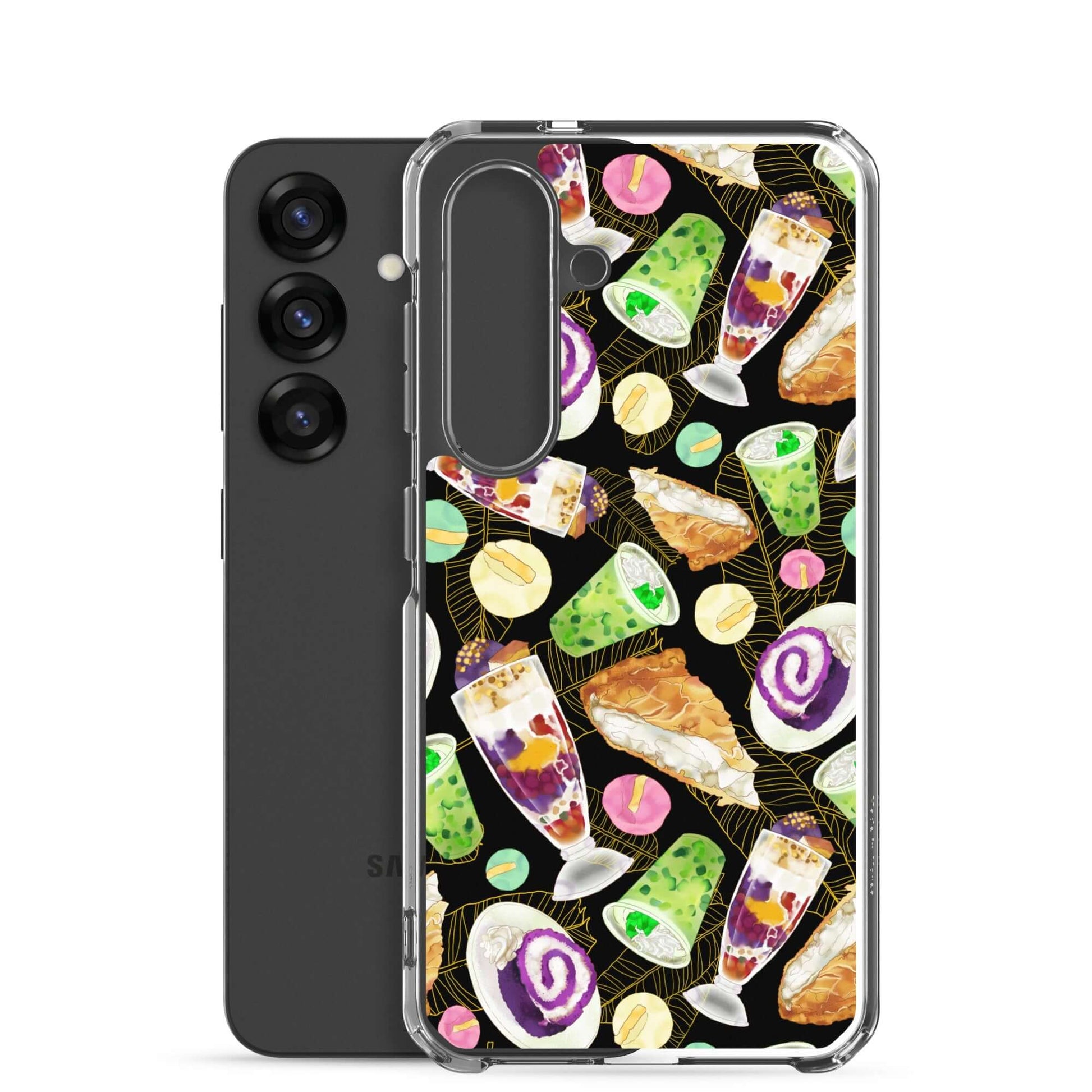 Stylish Filipino Dessert Samsung® Clear Case featuring vibrant ube rolls and halo-halo for sweet phone protection.