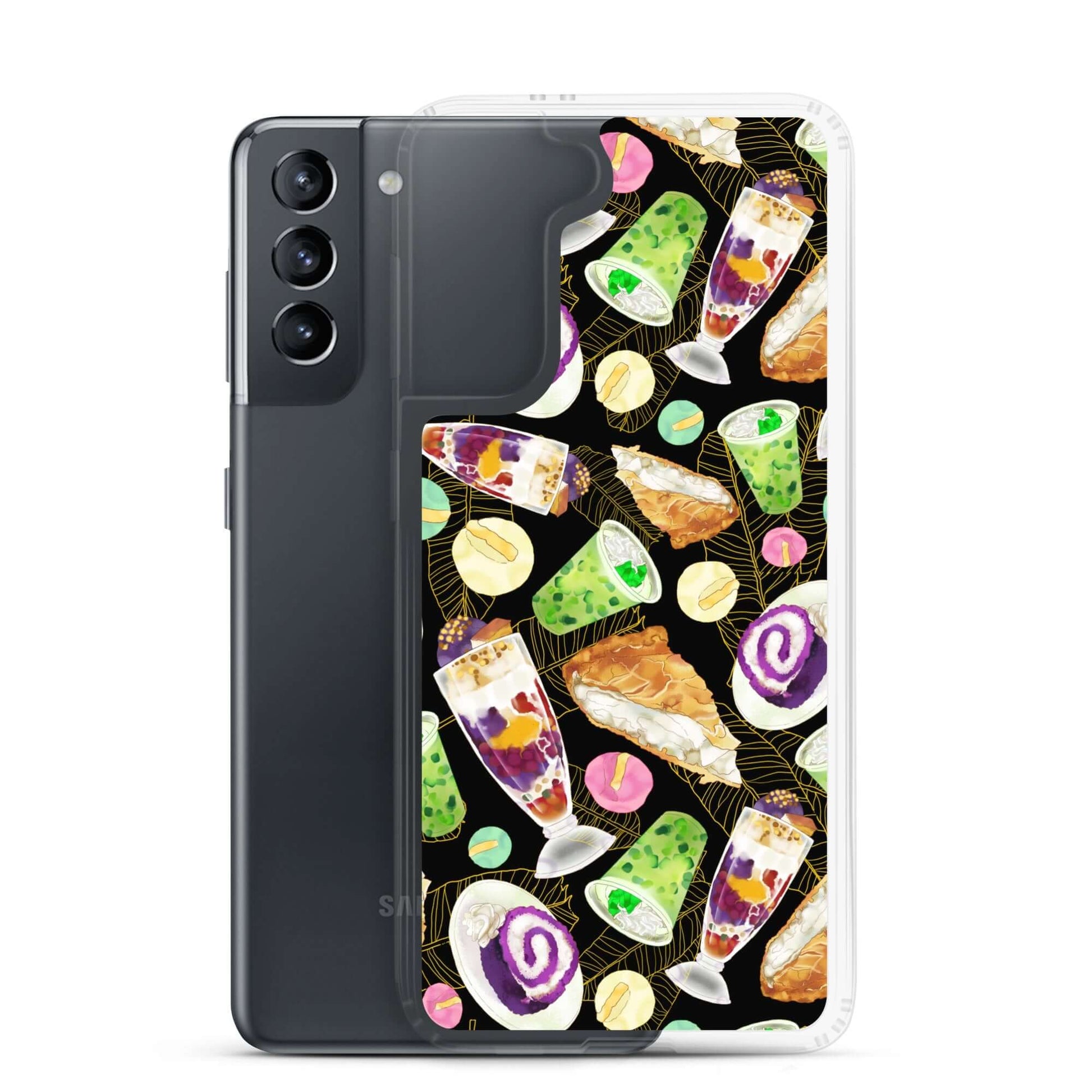 Colorful Filipino Dessert Samsung® Clear Case featuring ube rolls and halo-halo, perfect for sweet tooth fans.