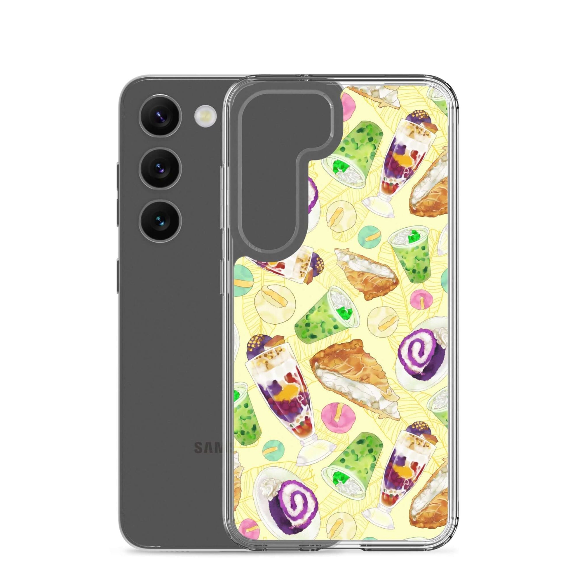 Bright and colorful Filipino Dessert Samsung® Clear Case featuring ube rolls and halo-halo, perfect for sweet phone lovers.