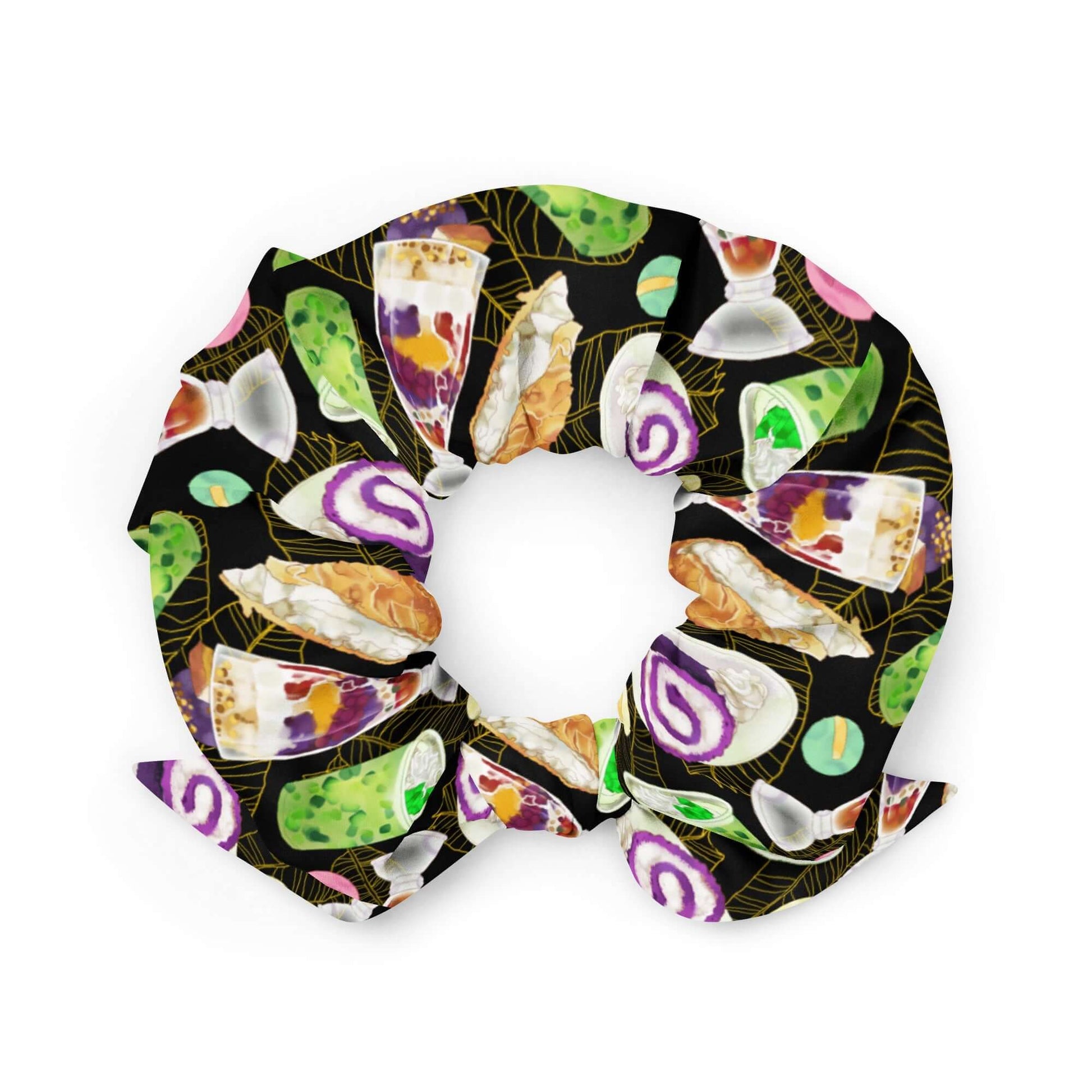 Bright and colorful Filipino Dessert Scrunchie featuring halo-halo and ube rolls, perfect for vibrant hairstyles.
