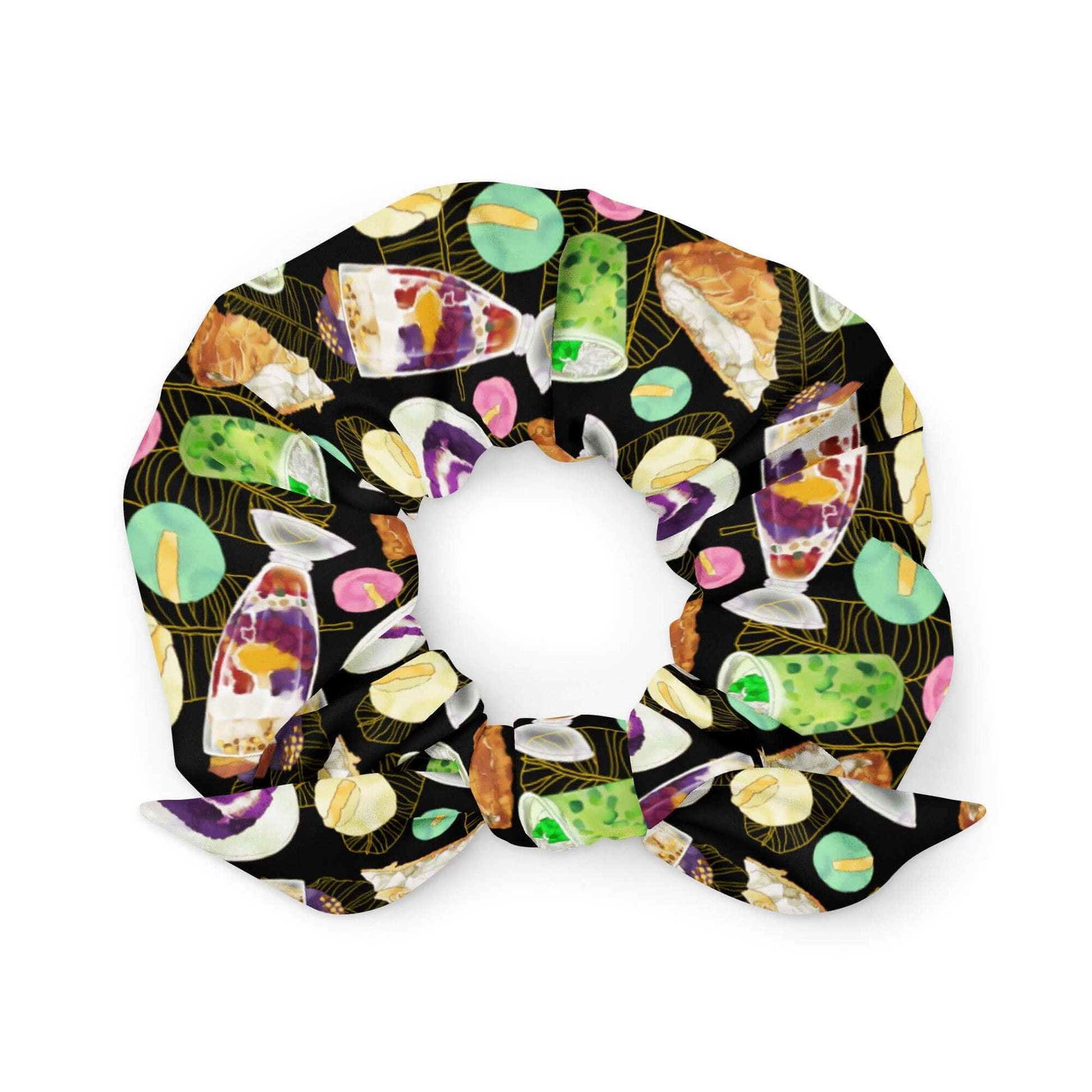Brightly patterned Filipino Dessert Scrunchie featuring halo-halo and ube rolls, perfect for vibrant hairstyles.