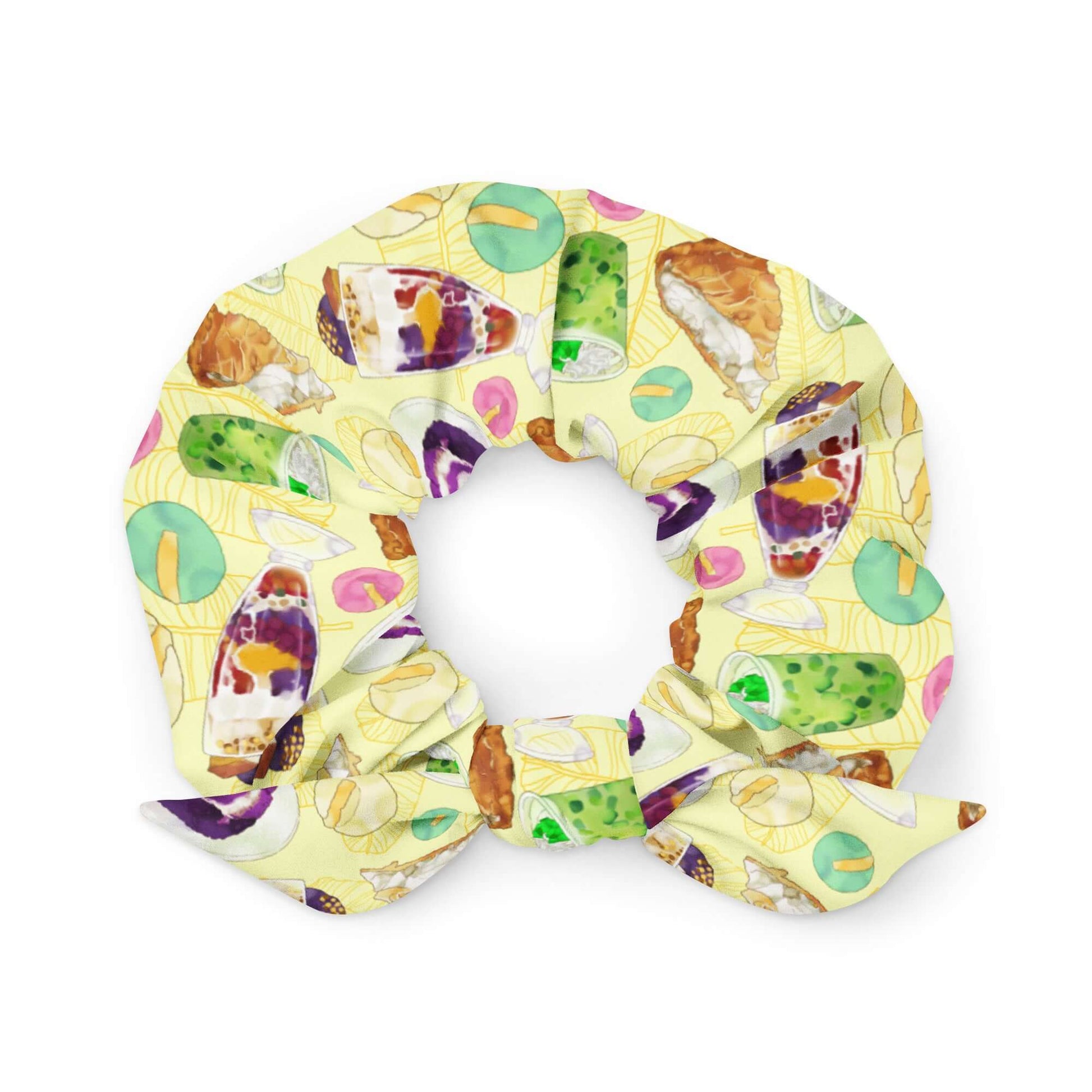 Bright and colorful Filipino Dessert Scrunchie featuring iconic sweets, perfect for adding flair to any hairstyle.