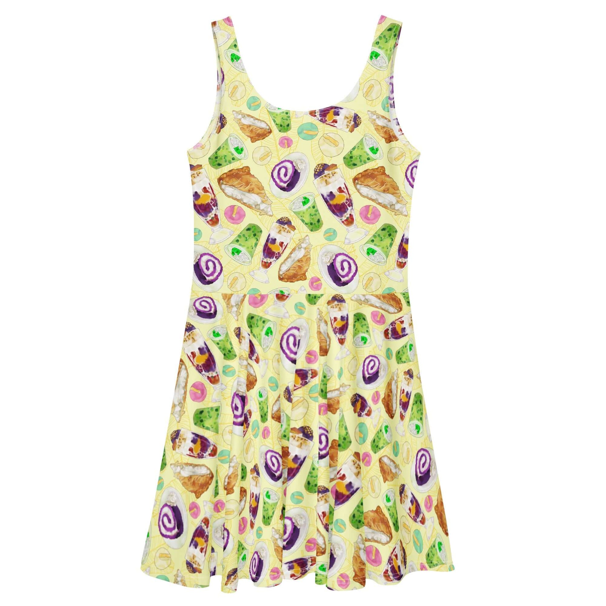 Colorful Filipino Dessert Skater Dress featuring vibrant dessert prints, perfect for adding cultural flair to your wardrobe.
