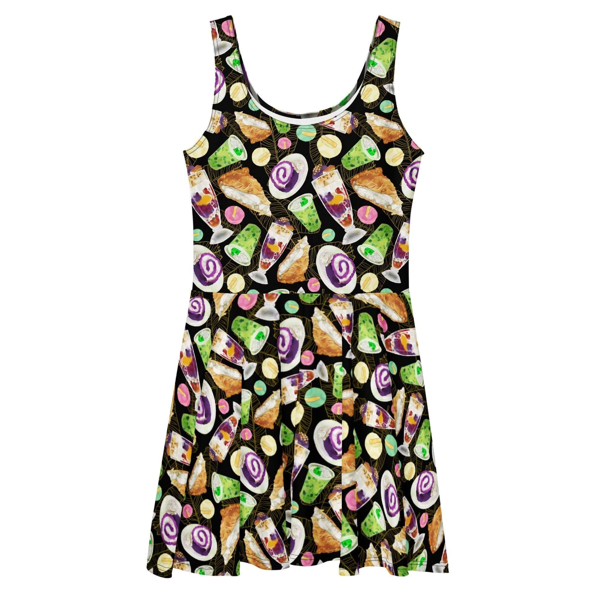 Stylish Filipino Dessert Skater Dress featuring vibrant dessert patterns for a fun, tropical look. Perfect for any occasion!