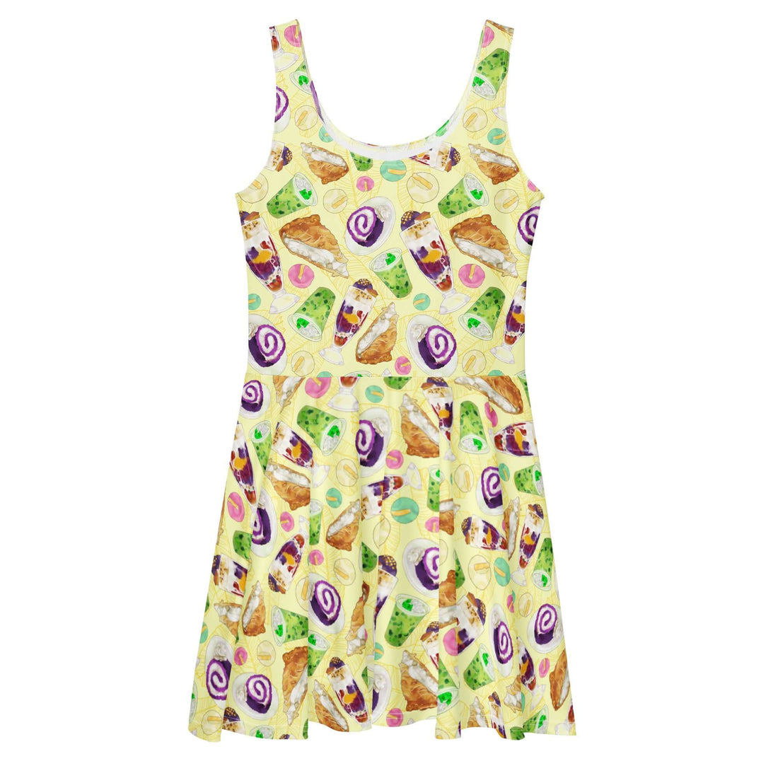 Bright and colorful Filipino Dessert Skater Dress featuring delightful dessert prints for a unique, fashionable look.