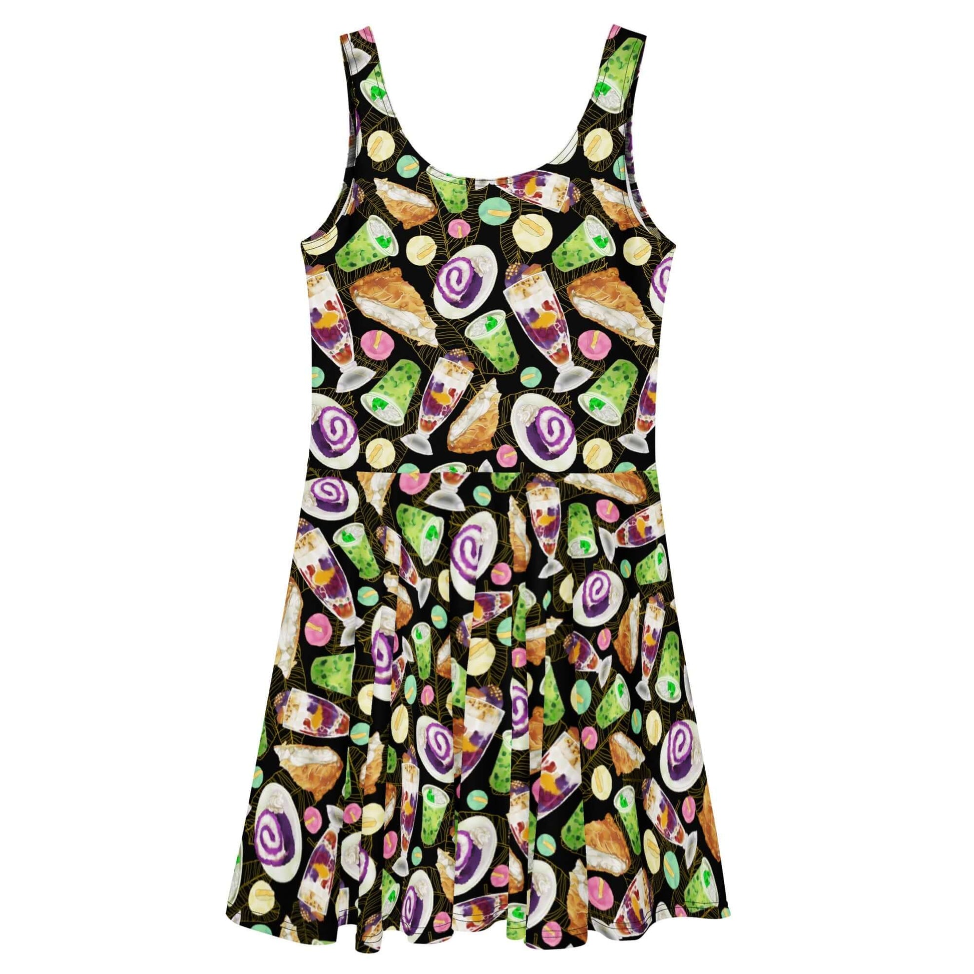 Stylish Filipino Dessert Skater Dress featuring vibrant dessert prints, perfect for a fun, tropical look.