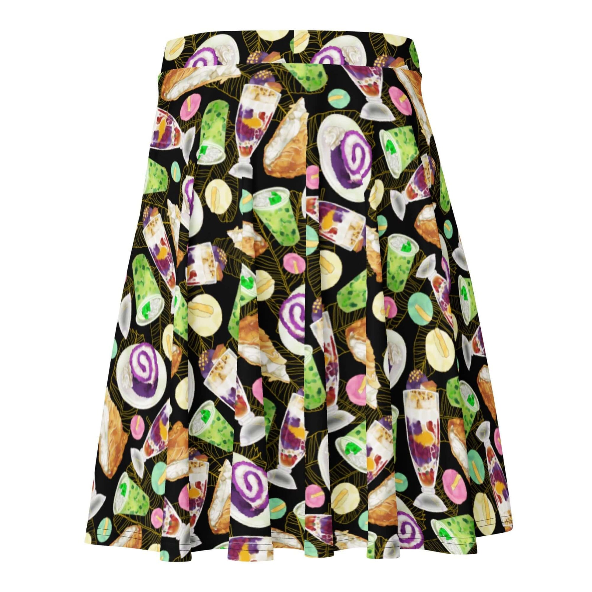 Stylish Filipino Dessert Skater Skirt featuring vibrant prints of classic desserts for a sweet, playful look.