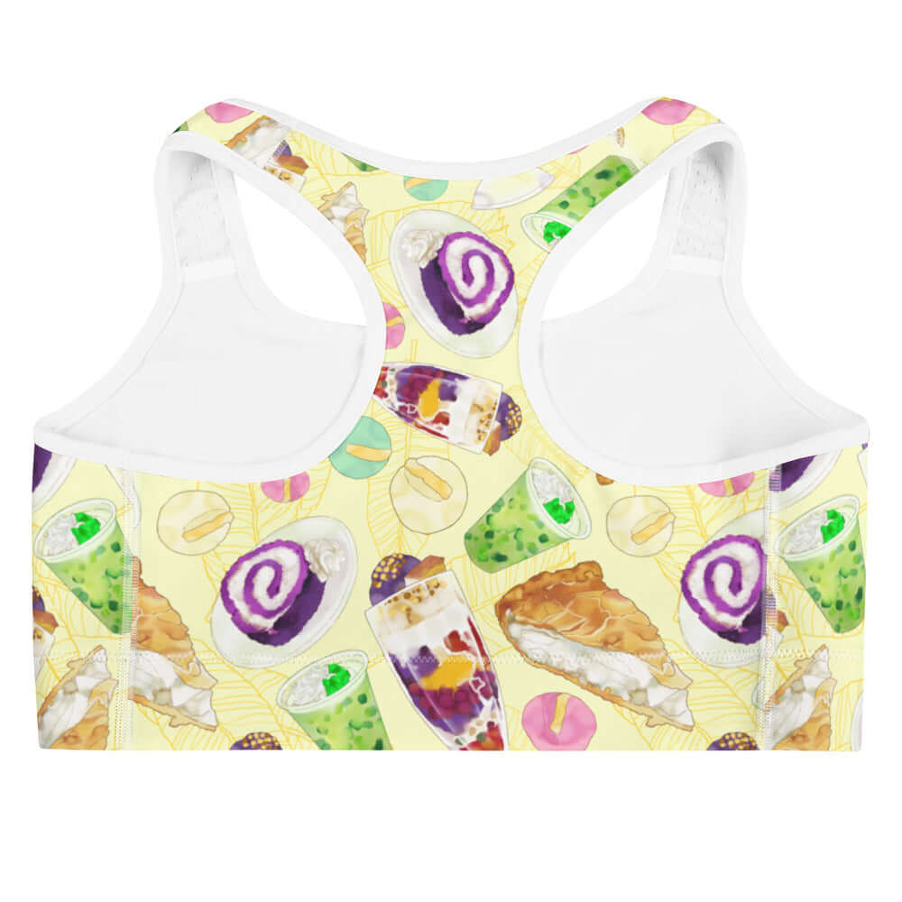 Stylish Filipino Dessert Sports bra featuring vibrant sweet treats, perfect for a fashionable workout experience.