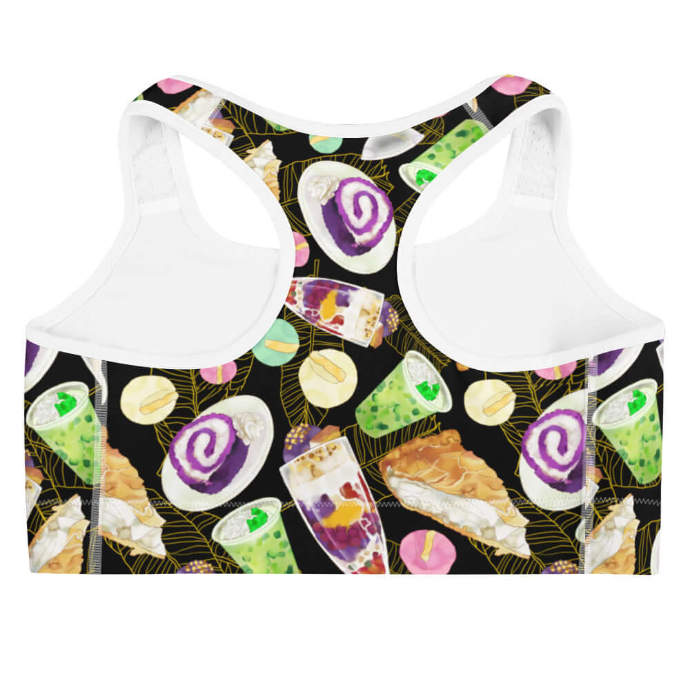 Stylish Filipino Dessert Sports Bra featuring colorful Filipino sweets, perfect for a sweet workout.