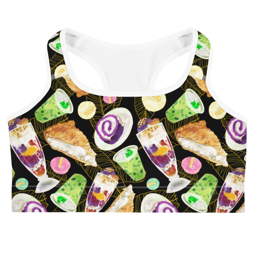Stylish Filipino Dessert Sports bra featuring vibrant prints of classic Filipino sweets for a fun workout experience.