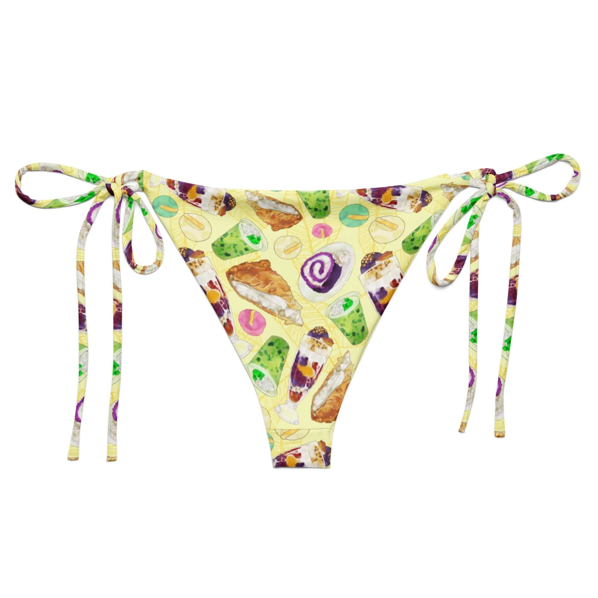 Celebrate summer with the Filipino Dessert String Bikini Bottom, featuring vibrant prints of ube rolls and halo-halo!