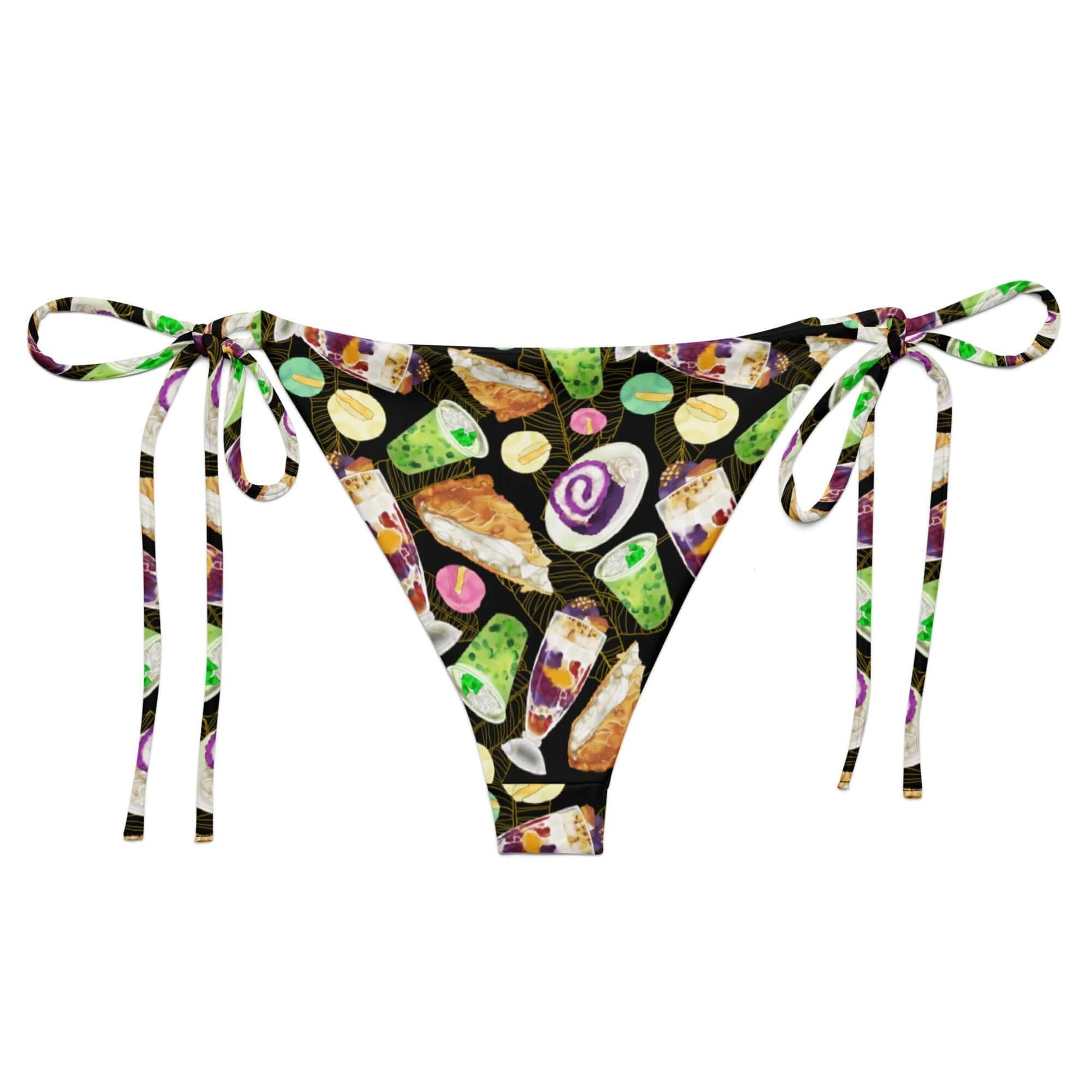 Filipino Dessert String Bikini Bottom featuring vibrant prints of ube rolls and halo-halo, perfect for beach outings.