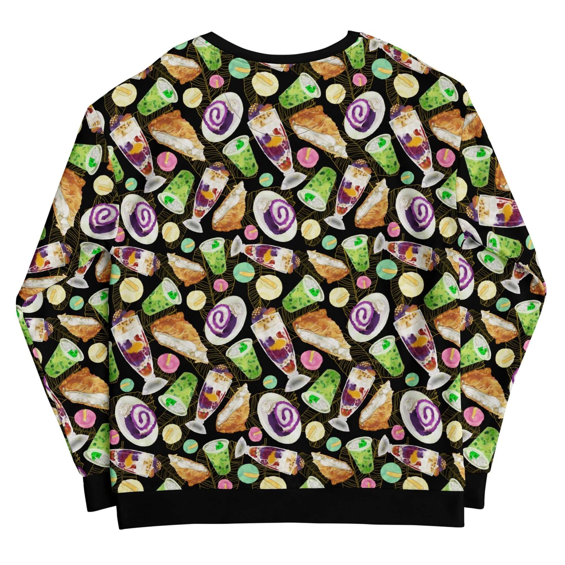 Cozy Filipino Dessert Sweatshirt featuring colorful prints of ube rolls and halo halo, perfect for dessert lovers.