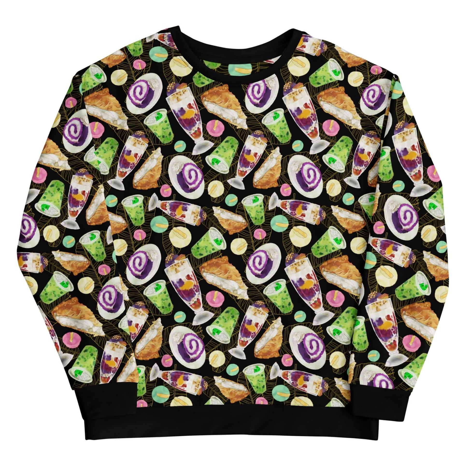Cozy Filipino Dessert Sweatshirt showcasing vibrant illustrations of ube rolls and halo halo, perfect for dessert lovers!