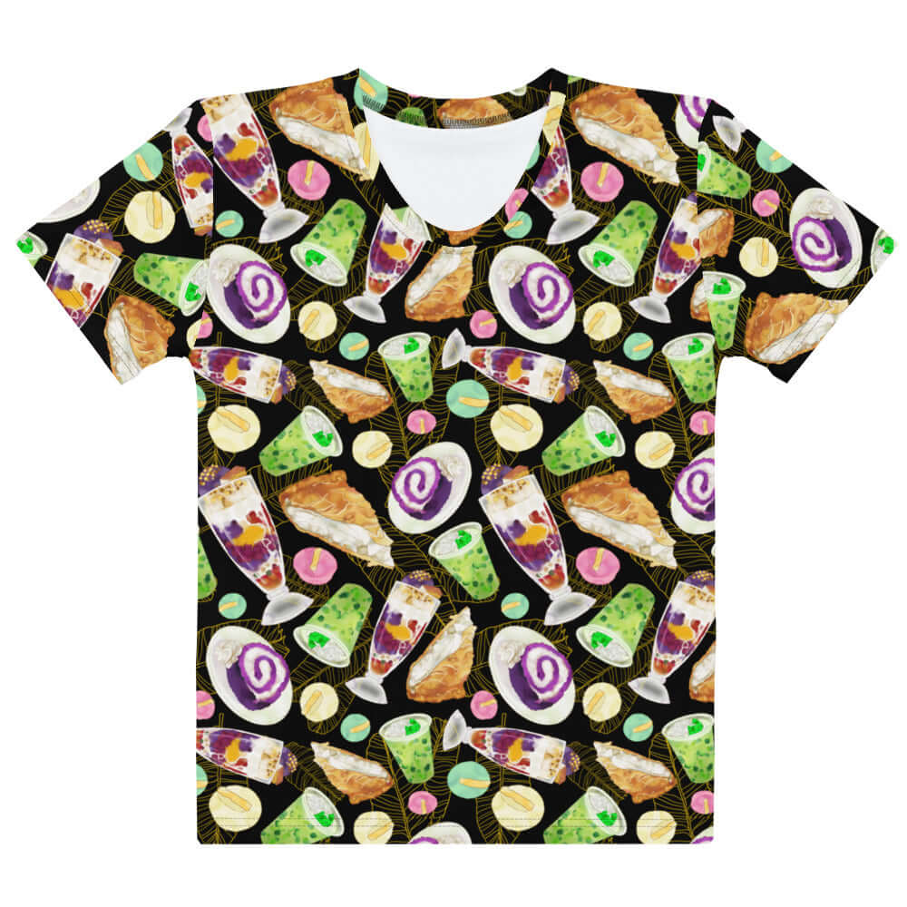 Stylish Filipino Dessert T-shirt featuring vibrant prints of iconic desserts, perfect for food lovers.
