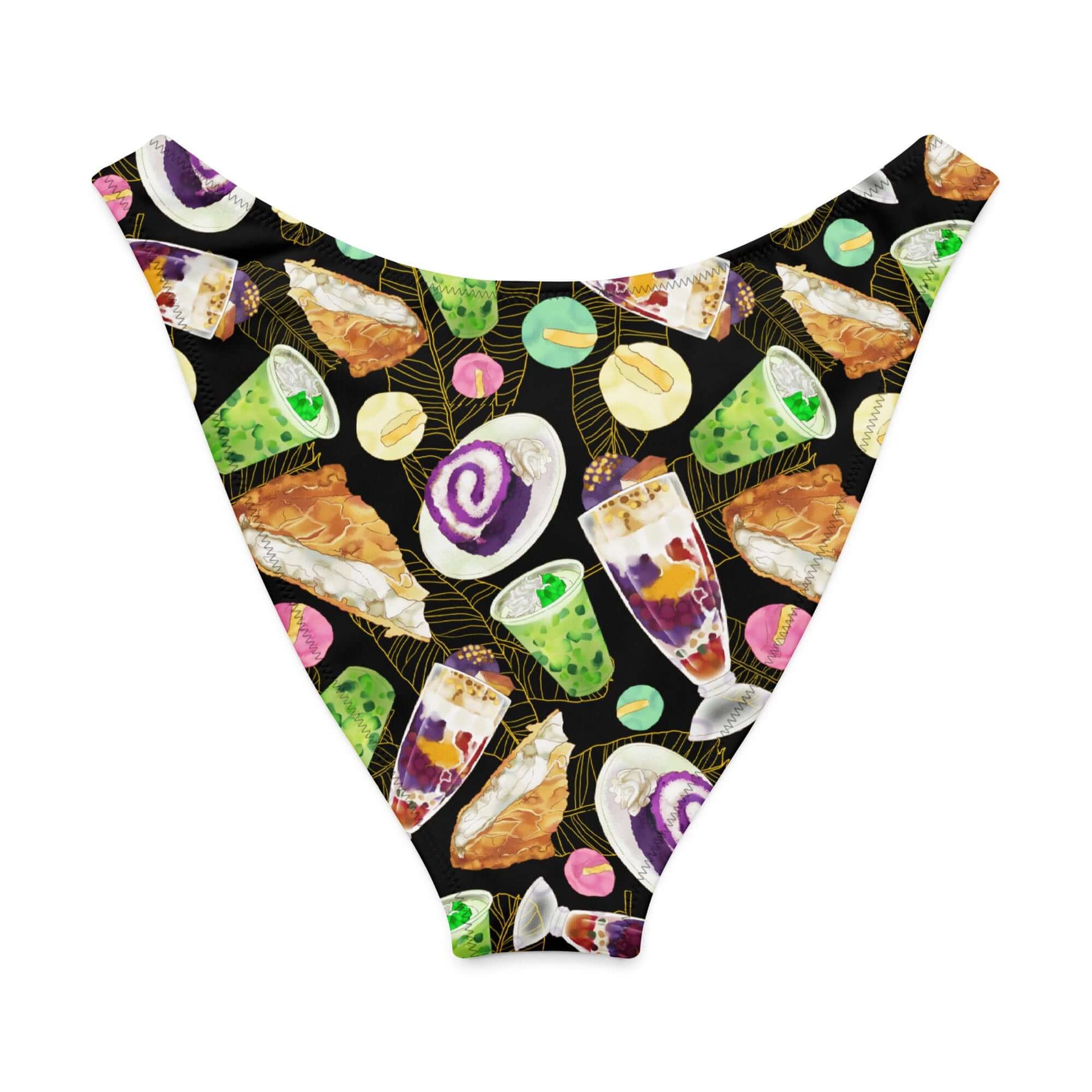 Colorful V-cut bikini bottoms featuring a playful design with Filipino desserts and drinks on a black background.