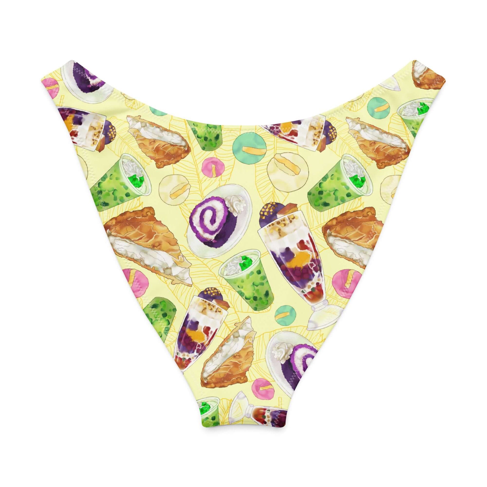 Filipino dessert-themed V-cut bikini bottom with colorful treats on a yellow background.