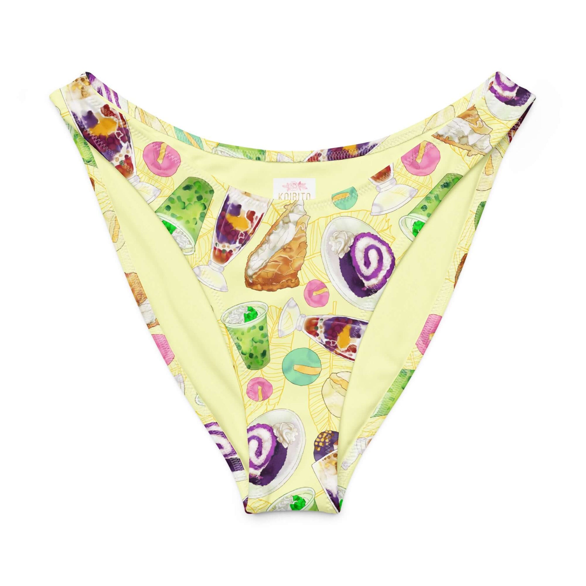 V-cut bikini bottom featuring a vibrant Filipino dessert print on soft yellow fabric.