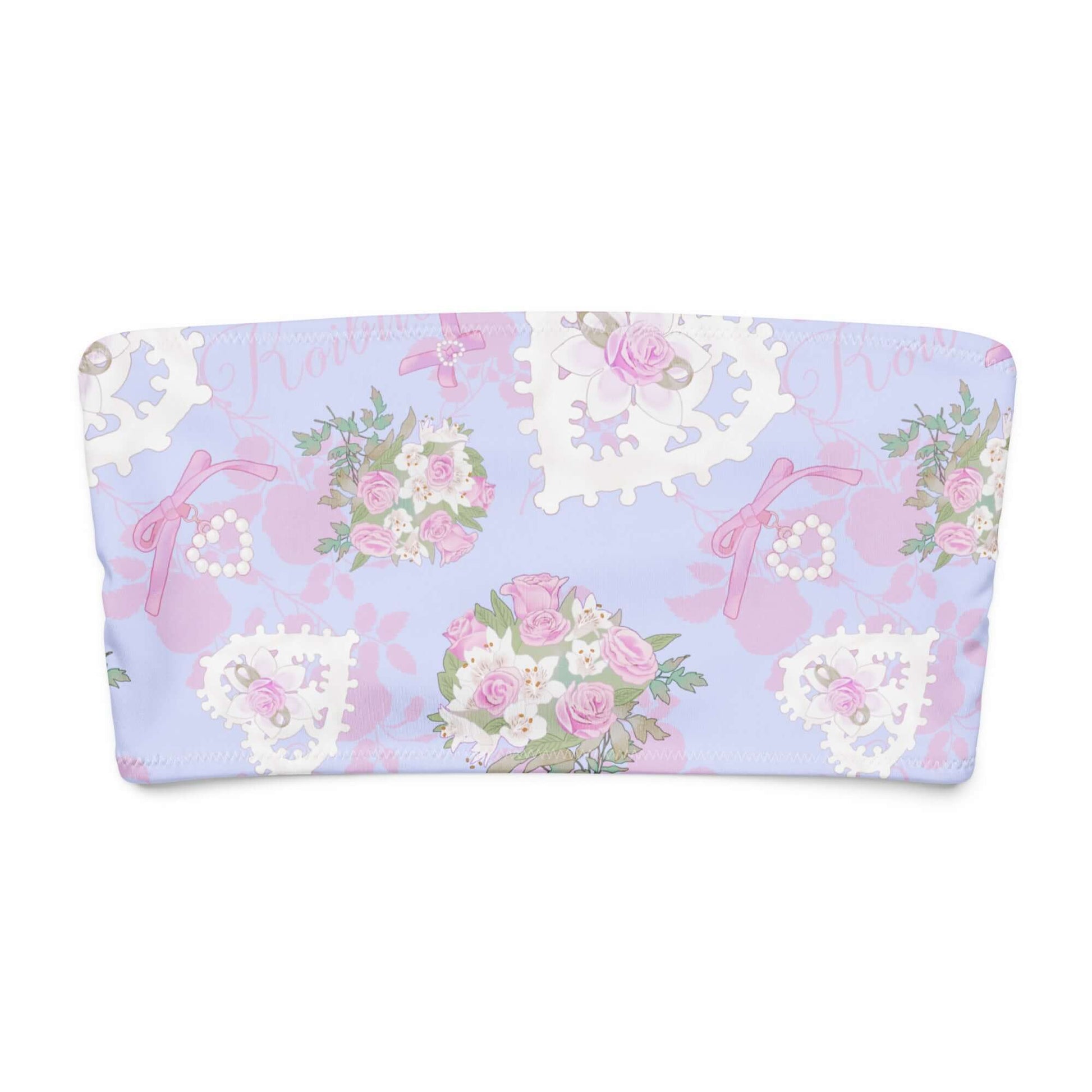 Charming floral bandeau design featuring hearts and pastel roses, perfect for a romantic touch in swimwear.