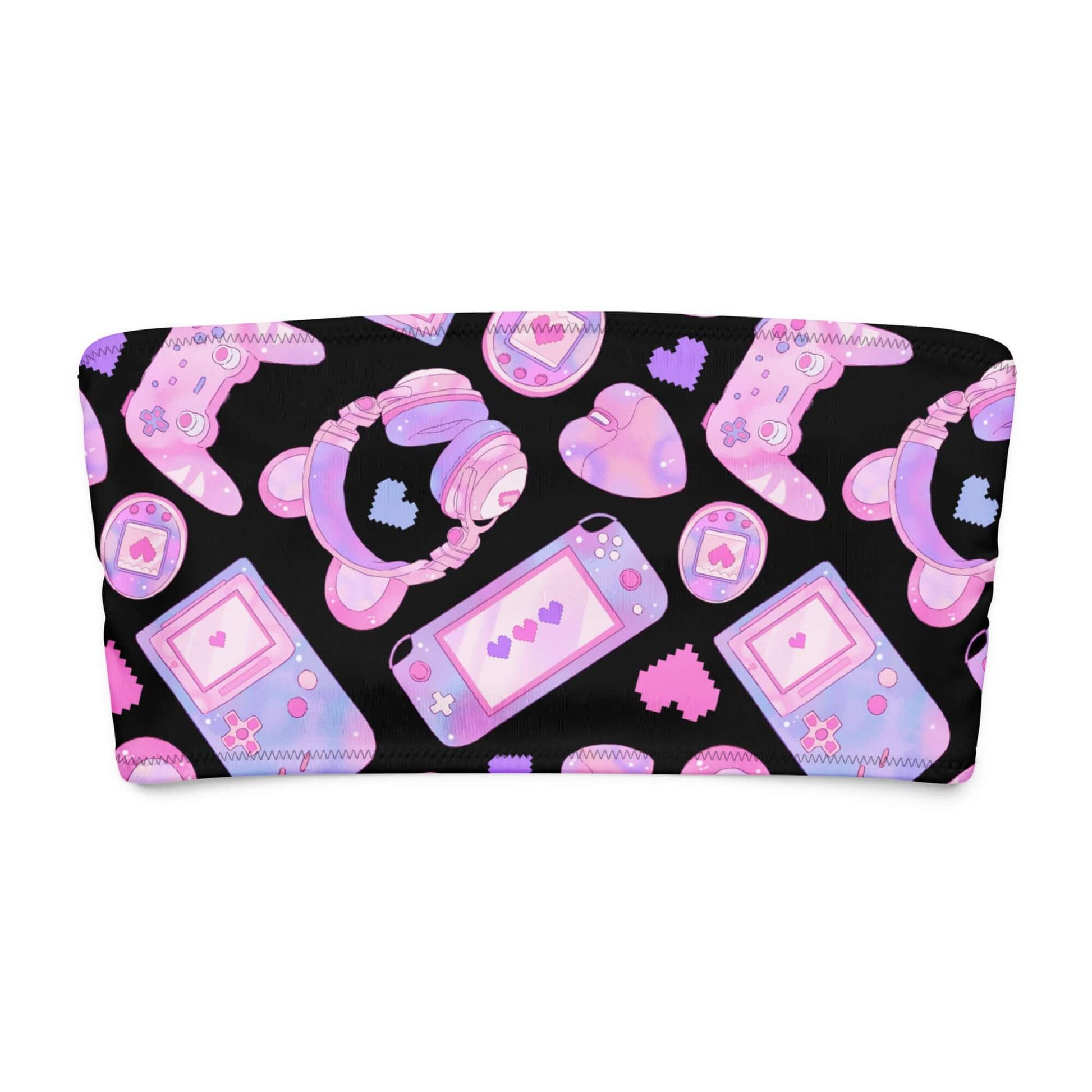 Gamer Girl bandeau bikini top featuring playful retro gaming graphics in pink and purple on a black background.