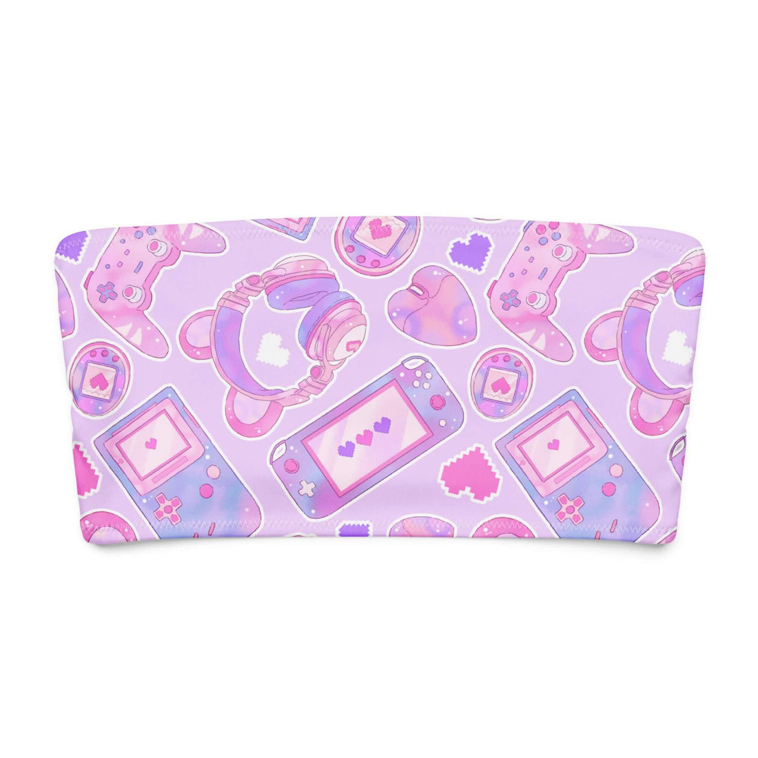 Gamer Girl bandeau bikini top with pastel purple gaming graphics, featuring controllers, hearts, and playful designs.
