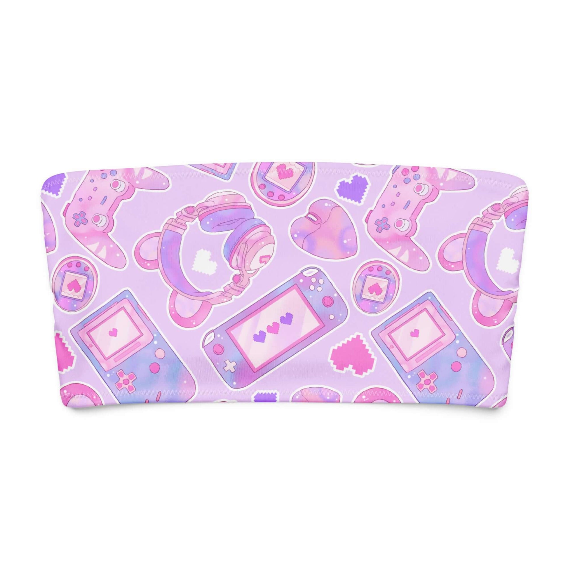 Gamer Girl bandeau bikini top with pastel purple gaming graphics, featuring controllers, hearts, and playful designs.