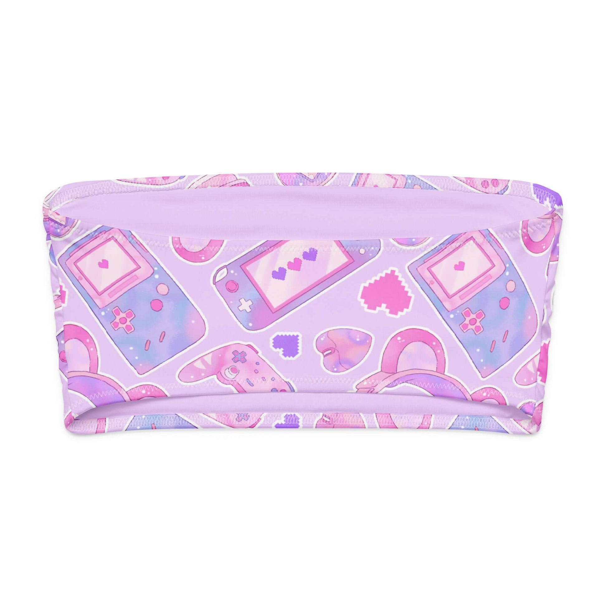 Gamer Girl bandeau bikini top featuring playful gaming-themed pastel patterns.