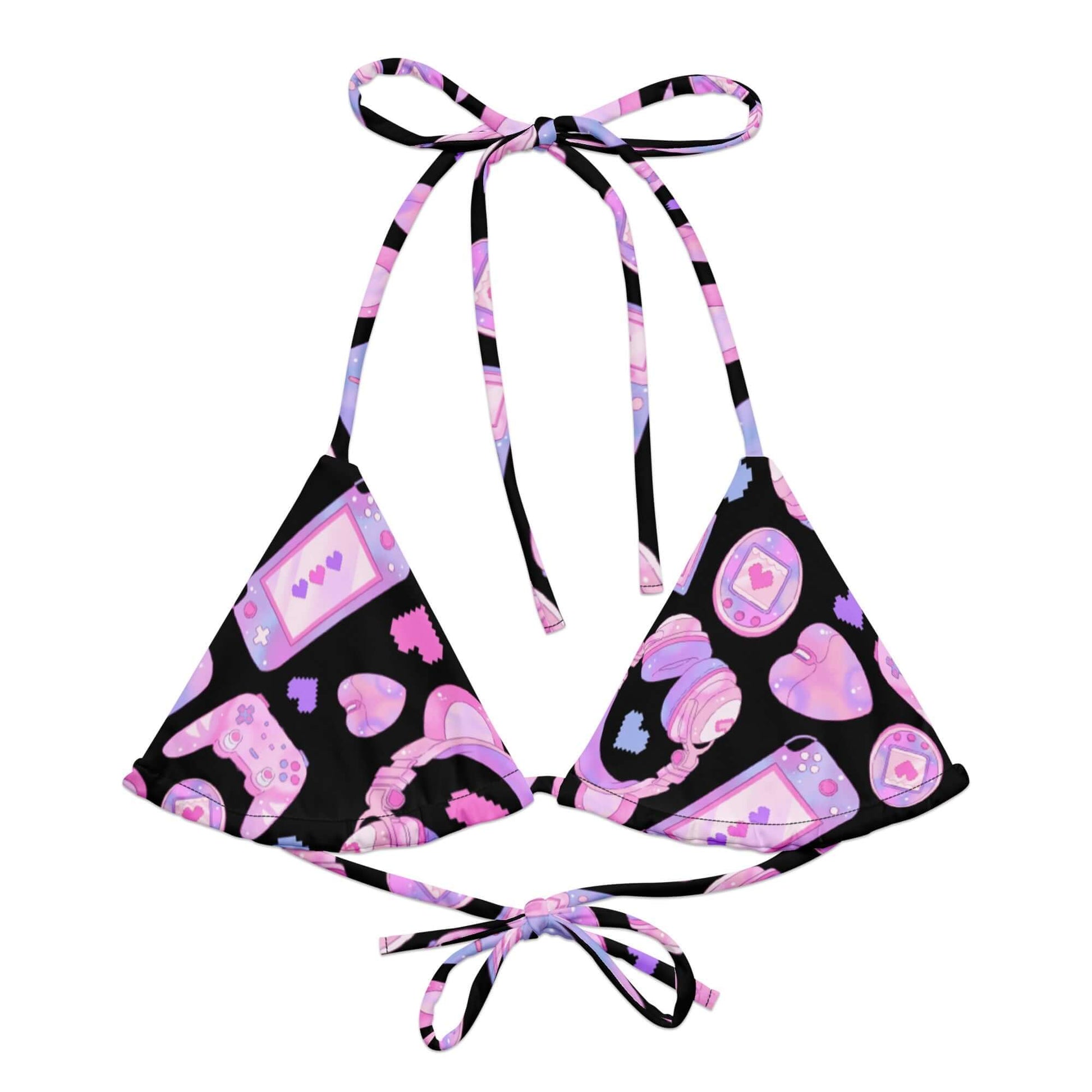 Gamer Girl Padded String Bikini Top with vibrant gaming-themed print, perfect for summer fun and eco-friendly style.