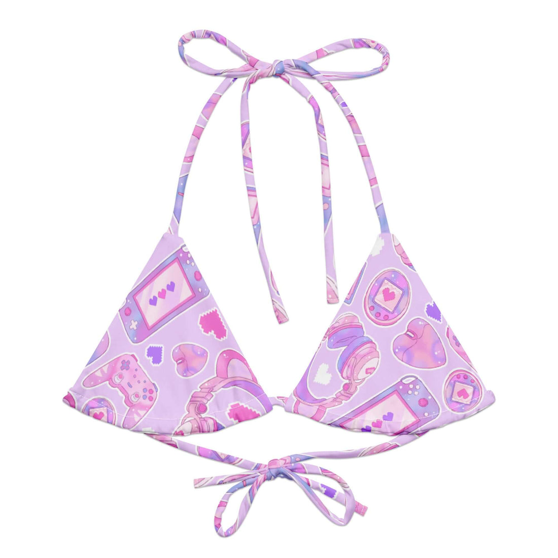 Stylish Gamer Girl Padded String Bikini Top in eco-friendly fabric, perfect for summer fun and beach adventures.