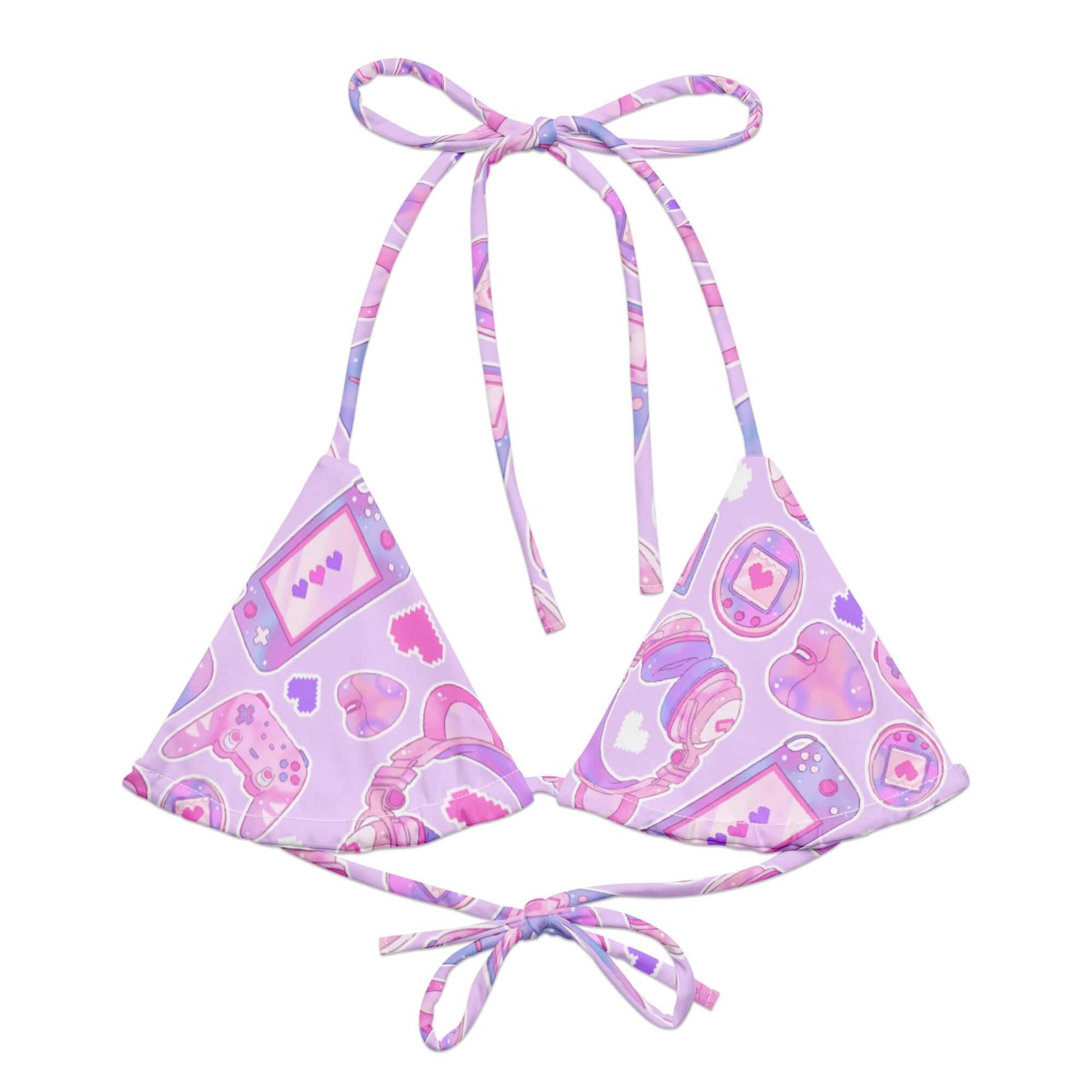 Stylish Gamer Girl Padded String Bikini Top in eco-friendly fabric, perfect for summer fun and beach adventures.