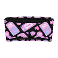 Cute gamer-themed pouch featuring retro game consoles and hearts on a black background.
