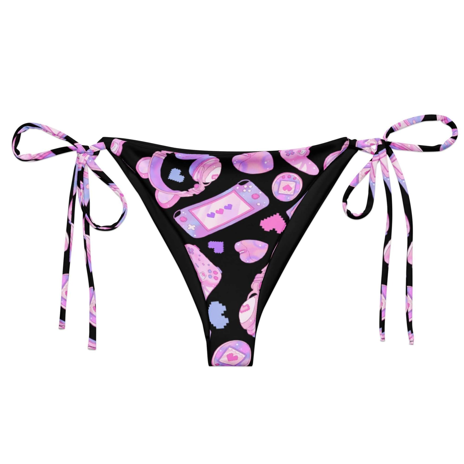 Gamer Girl String Bikini Bottom features fun gaming prints, perfect for poolside relaxation this summer.