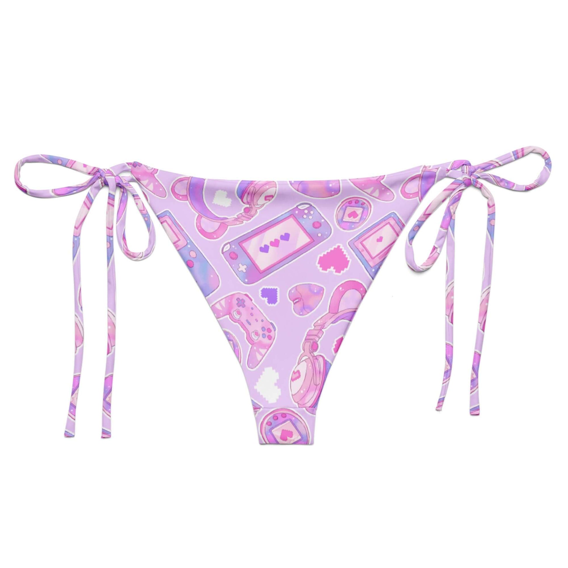 Gamer Girl String Bikini Bottom features playful gaming graphics, perfect for stylish sunbathing by the poolside.