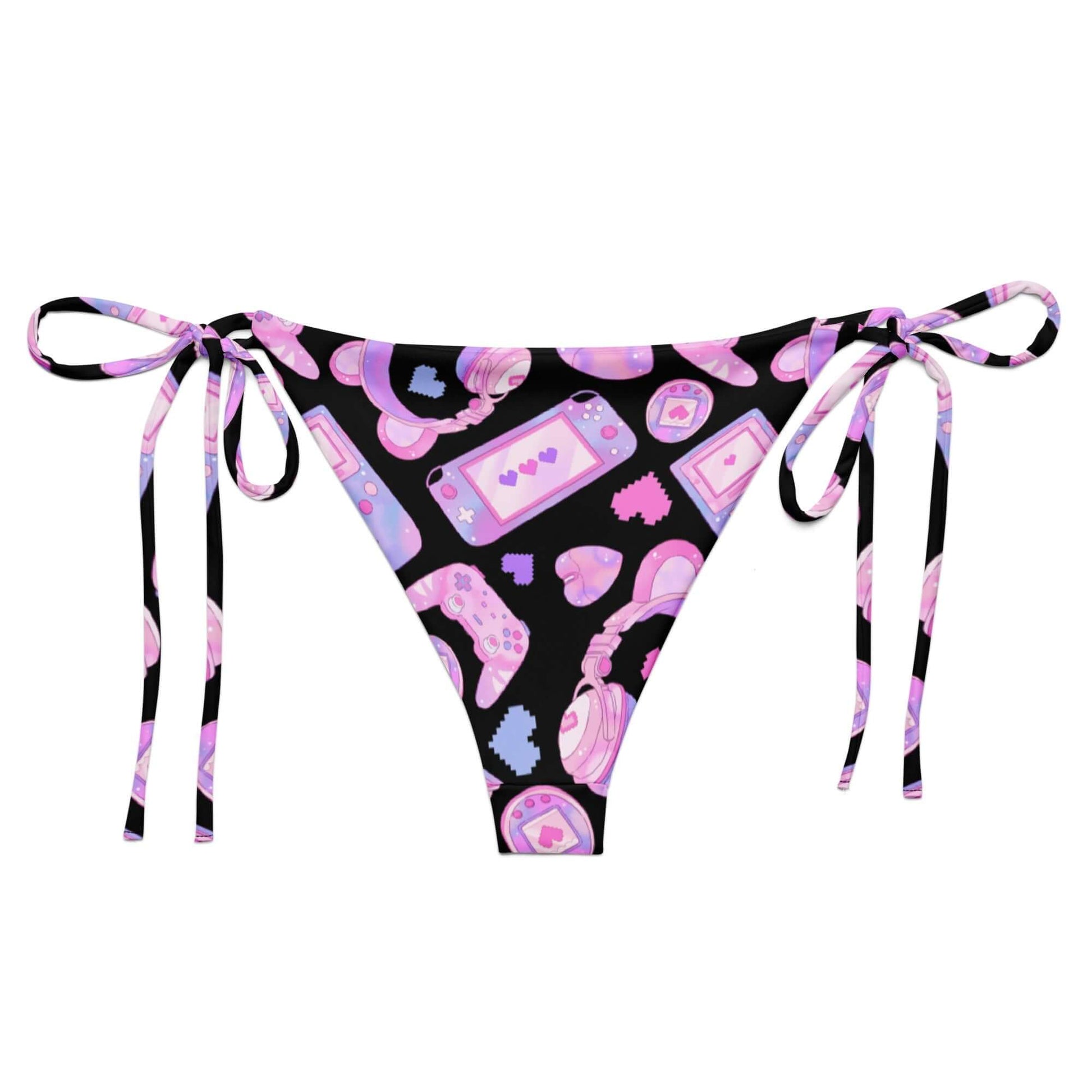 Gamer Girl String Bikini Bottom featuring vibrant gaming graphics, perfect for poolside relaxation this summer.